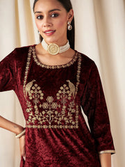 Women Maroon Velvet Embroidered Yoke Short Kurta
