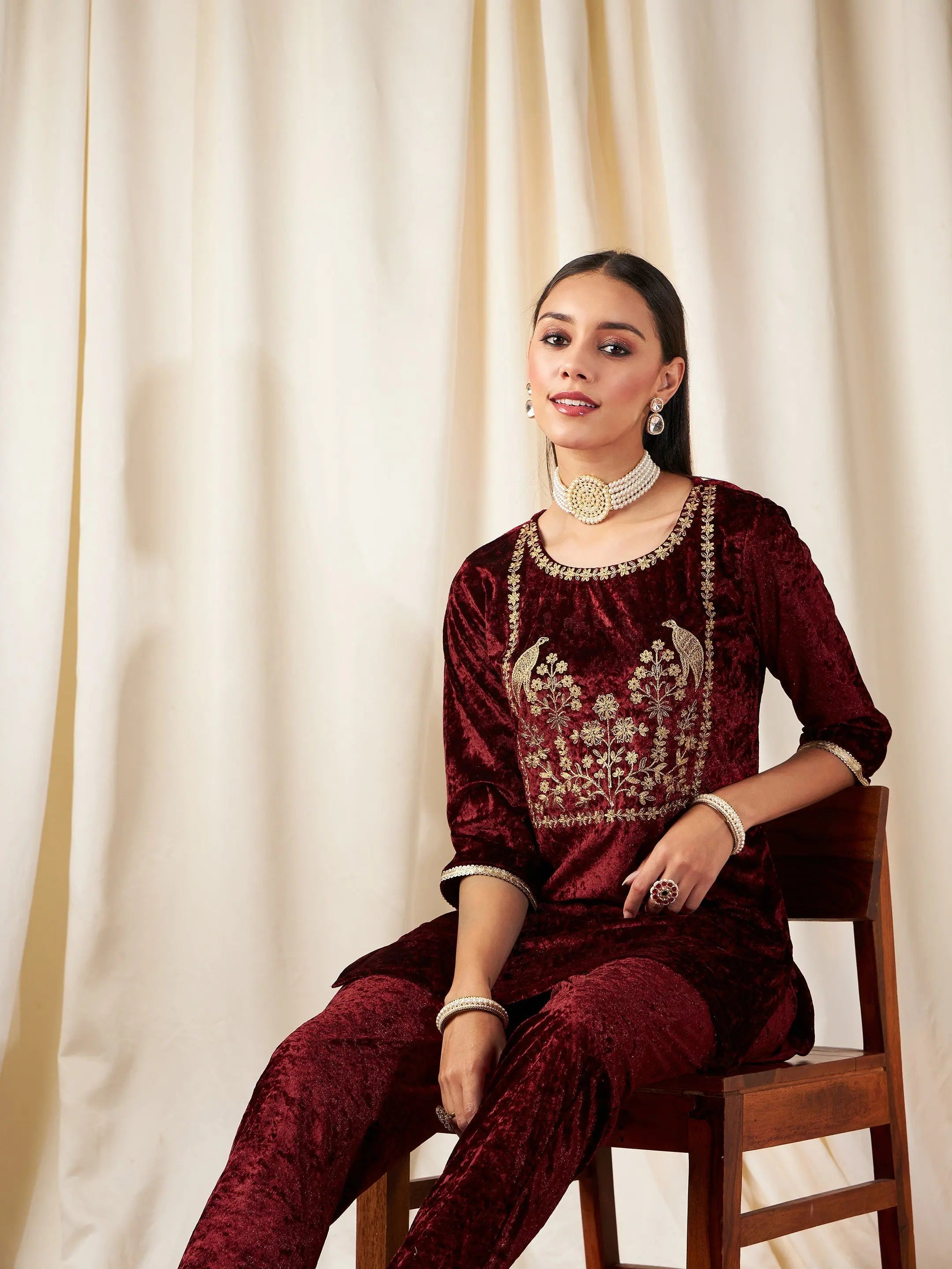 Maroon Velvet Embroidered Yoke Kurta - Indian Kurta Ladies