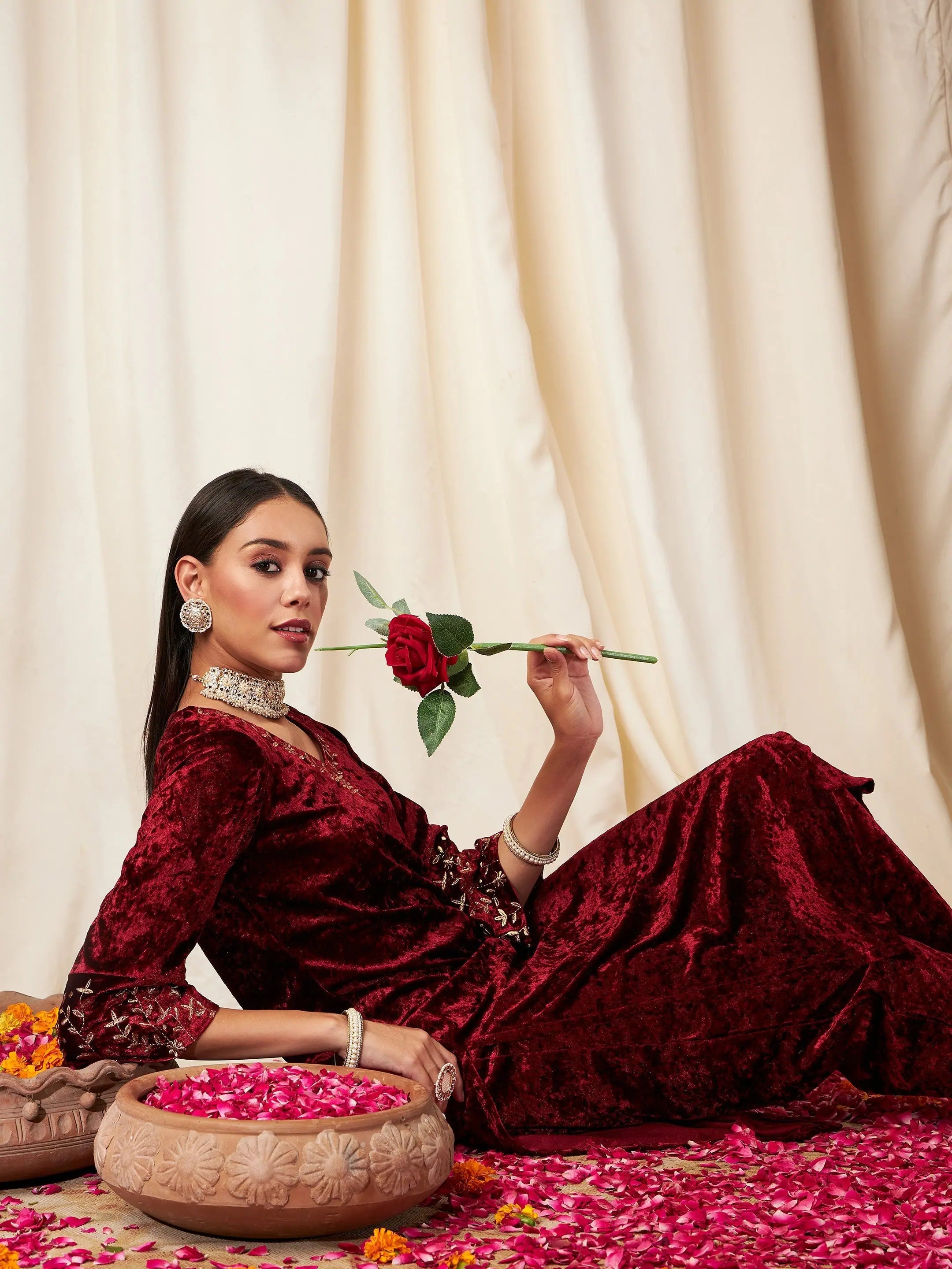 Maroon Velvet Embroidered Indian Kurta for Women - Stylish Kurta