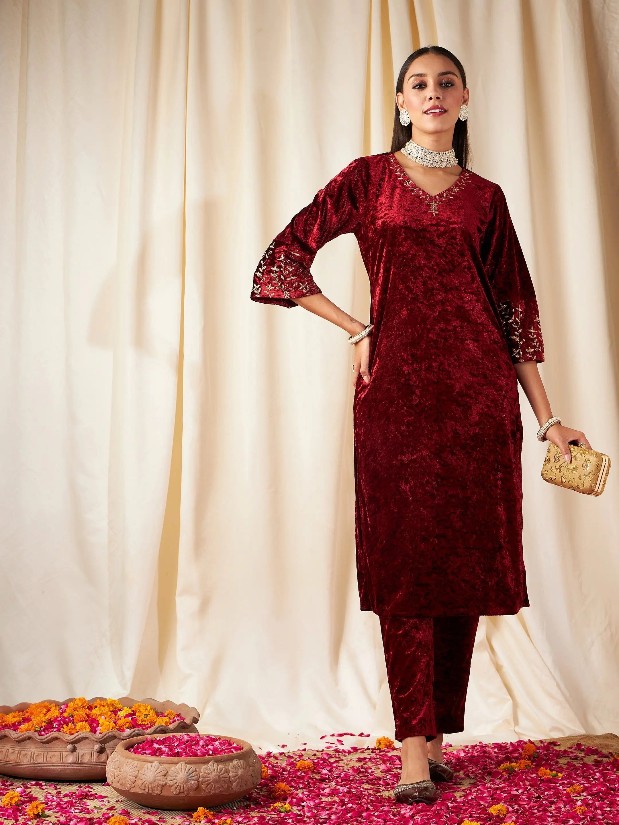 Maroon Velvet Embroidered Indian Kurta for Women - Stylish Kurta