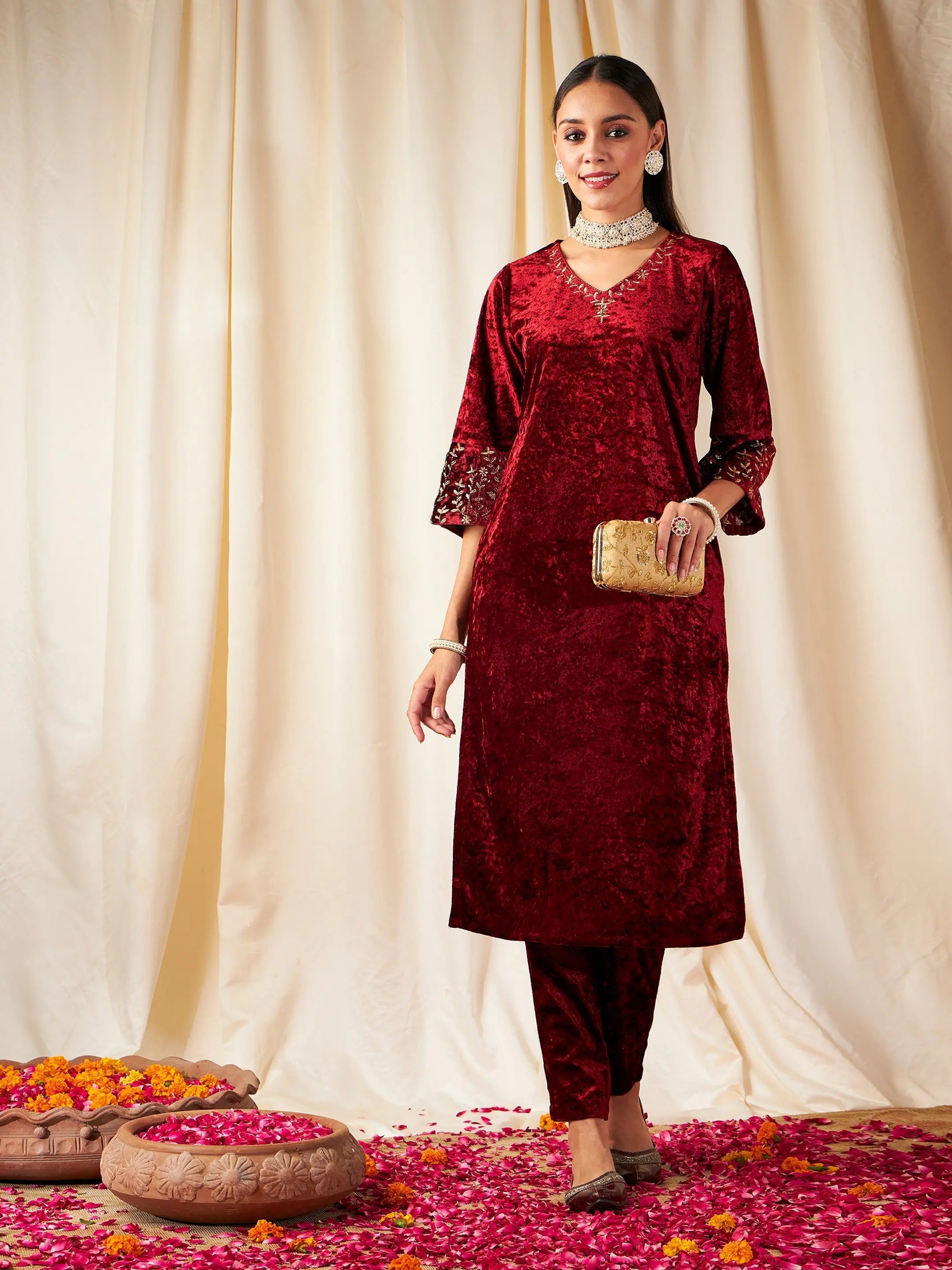 Maroon Velvet Embroidered Indian Kurta for Women - Stylish Kurta