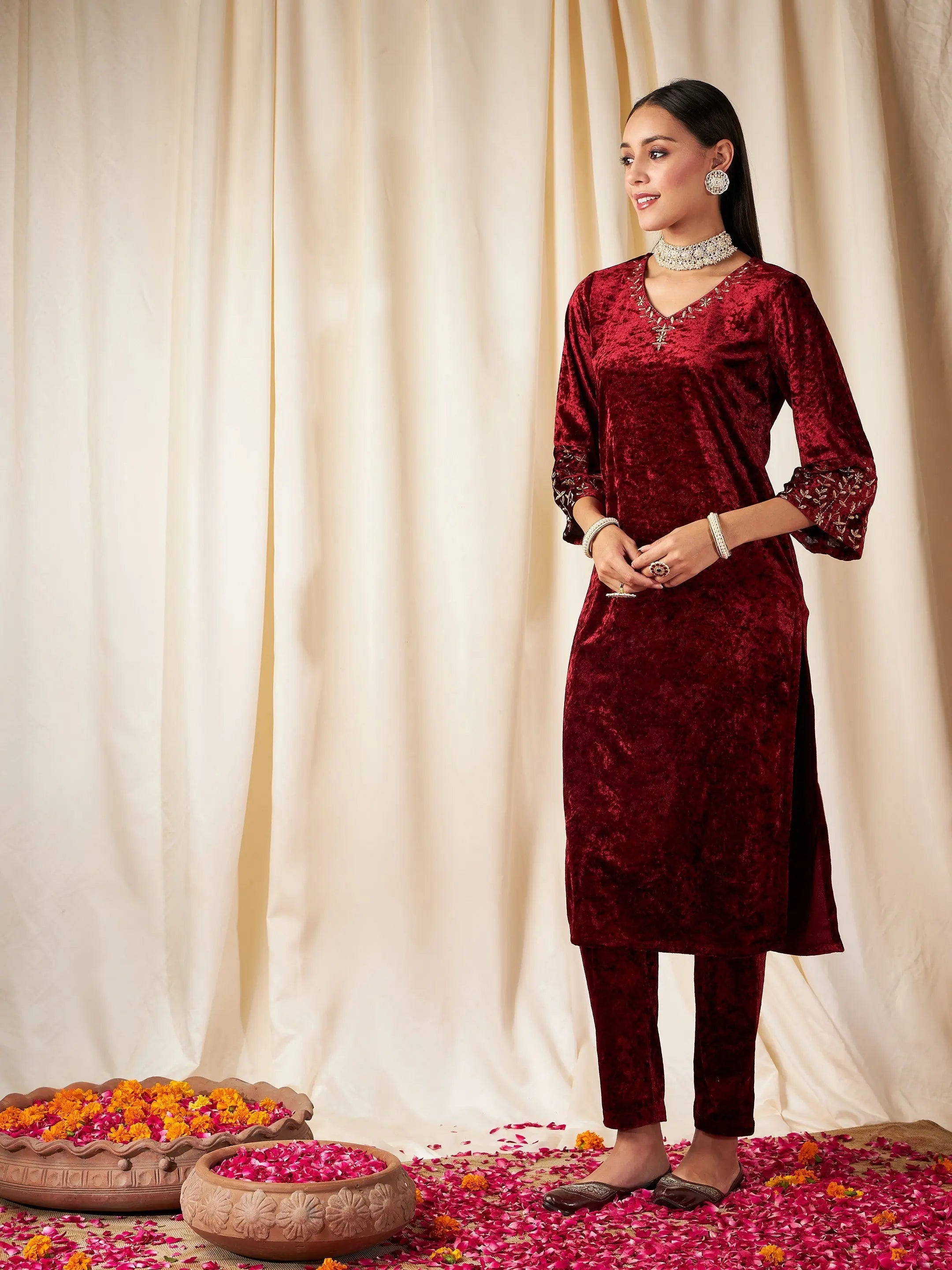 Maroon Velvet Embroidered Indian Kurta for Women - Stylish Kurta