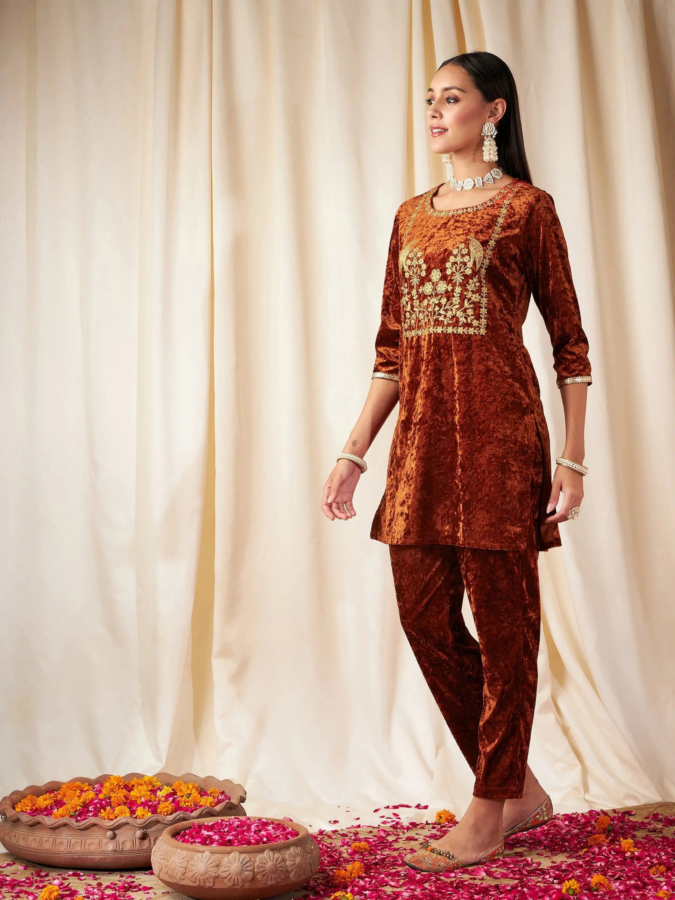 Rust Velvet Embroidered Kurta - Indian Kurta for Women