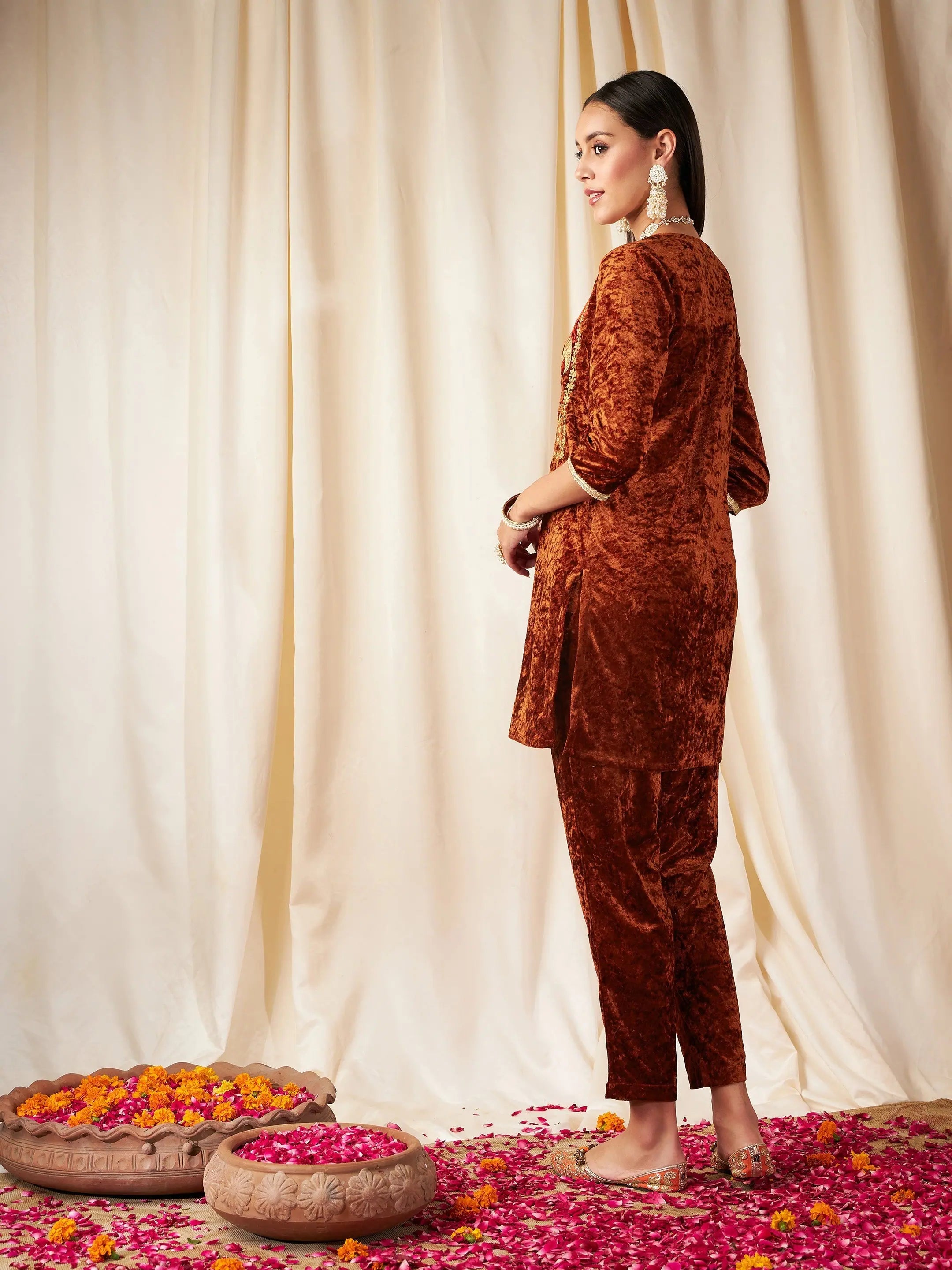 Rust Velvet Embroidered Kurta - Indian Kurta for Women