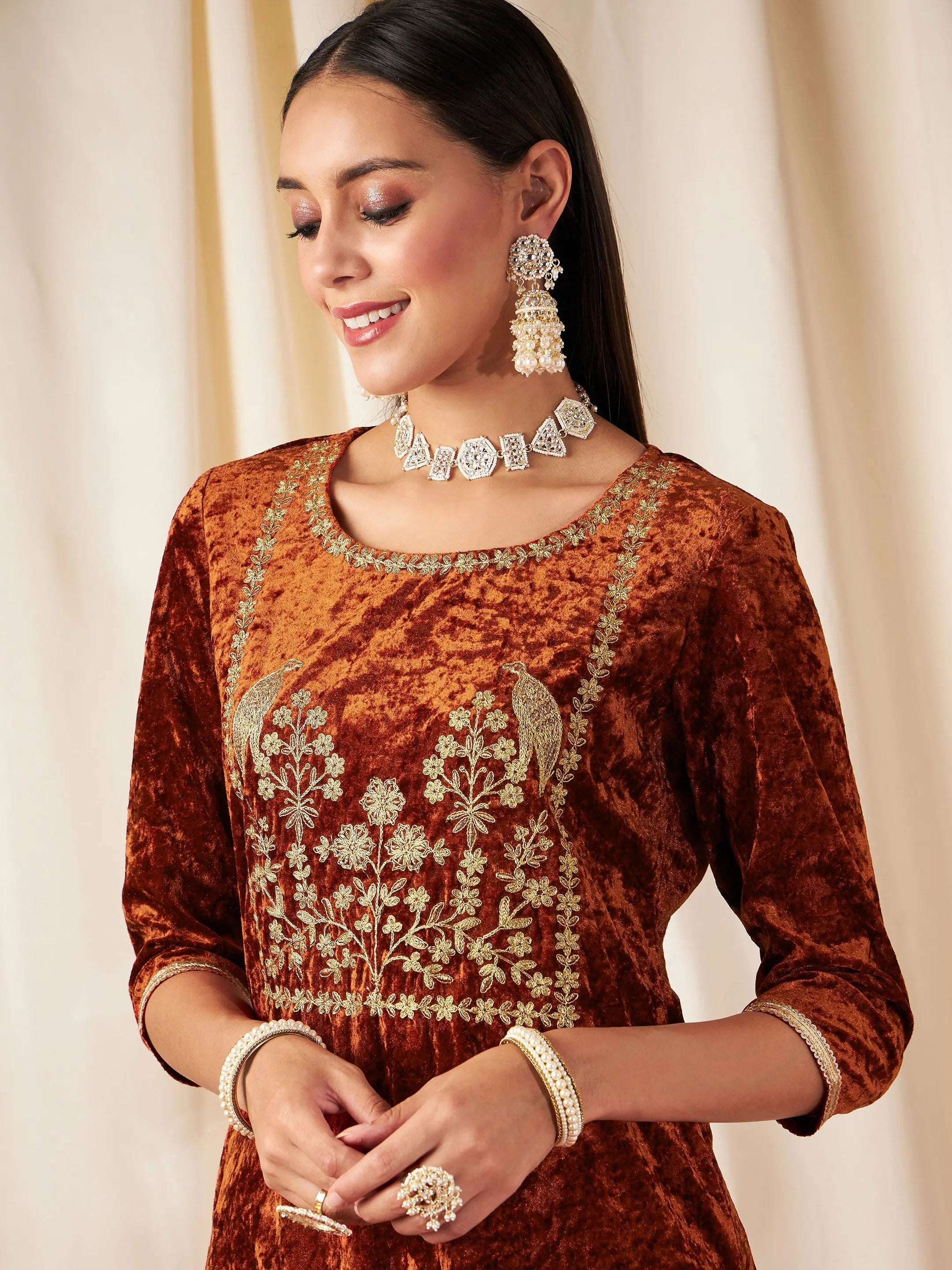 Rust Velvet Embroidered Kurta - Indian Kurta for Women