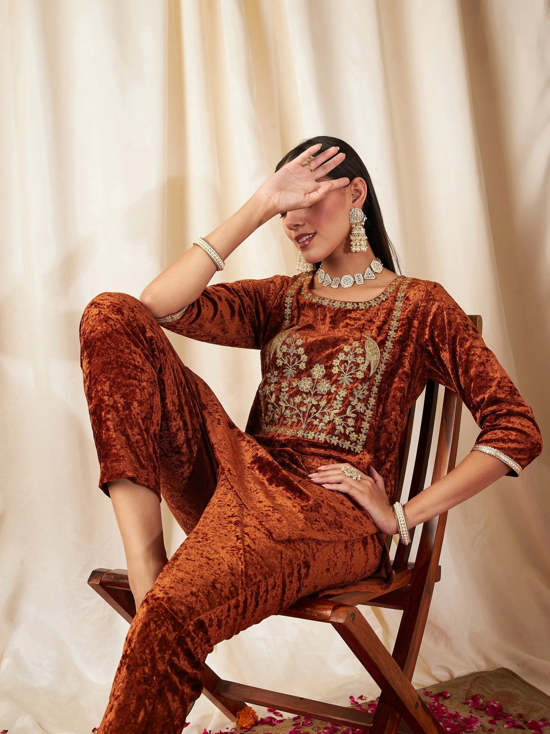 Rust Velvet Embroidered Kurta - Indian Kurta for Women