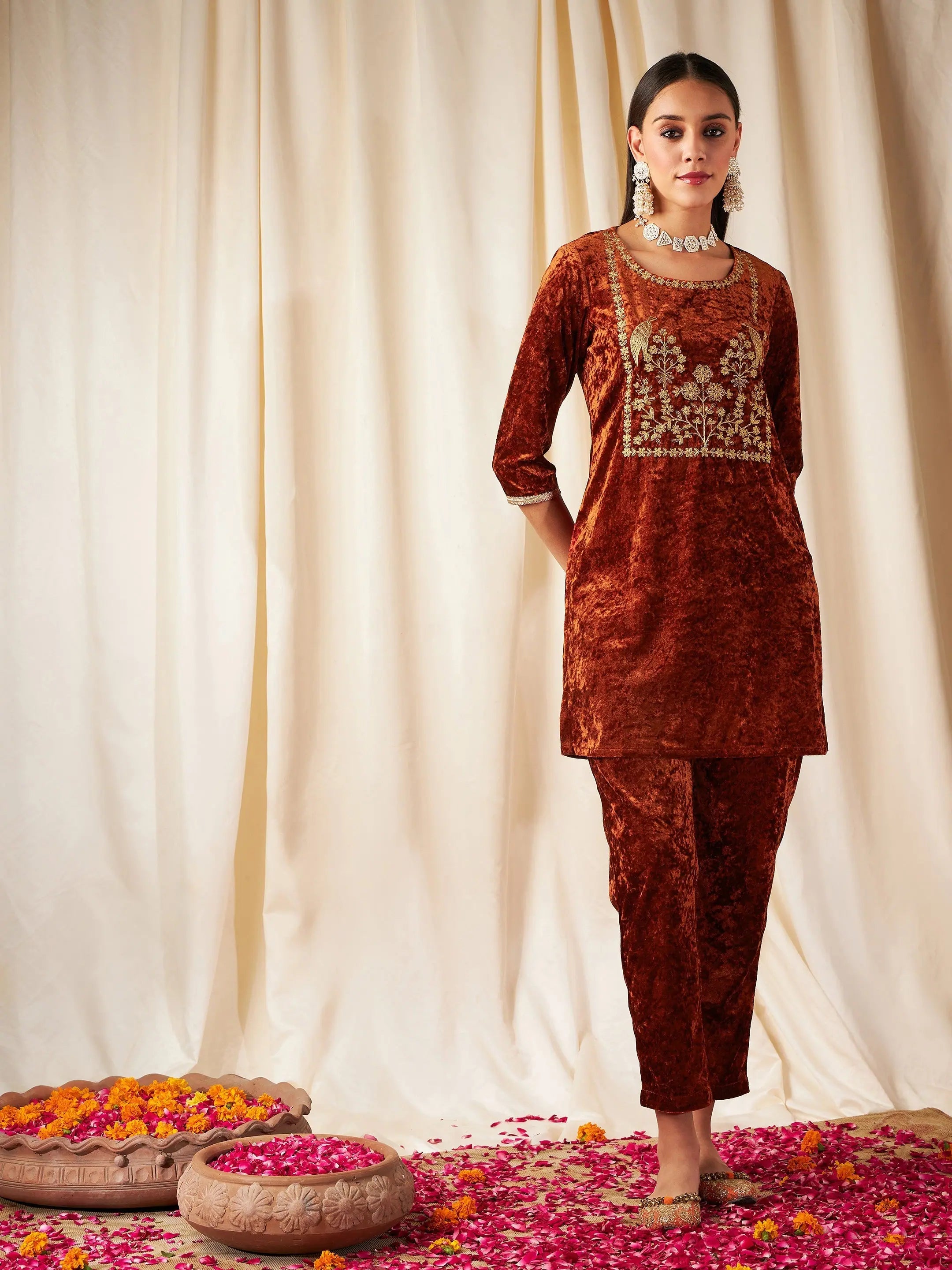 Rust Velvet Embroidered Kurta - Indian Kurta for Women