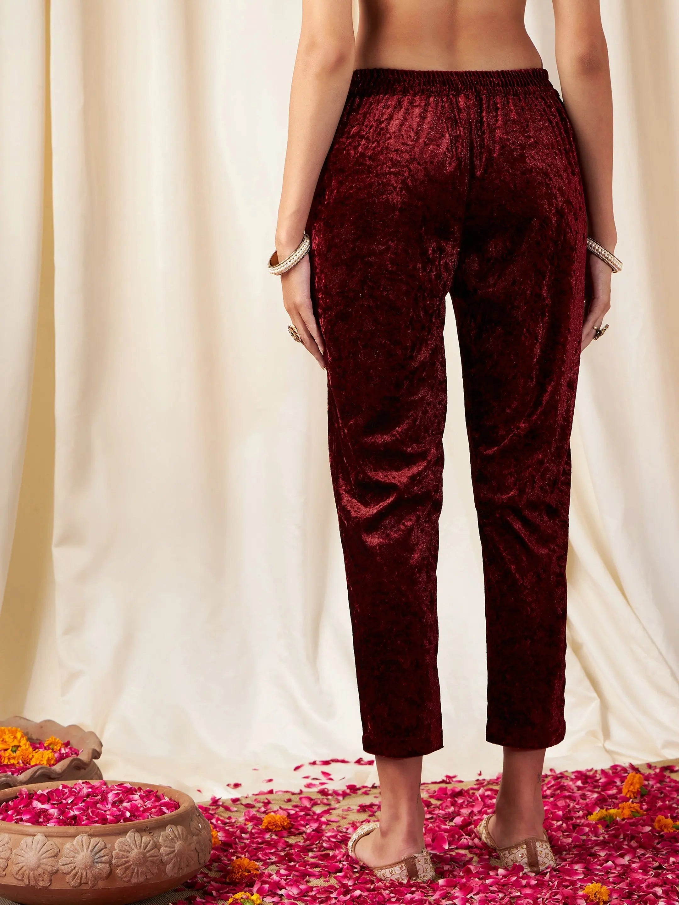 Maroon Velvet Pencil Pants - Women's Western Clothing Online