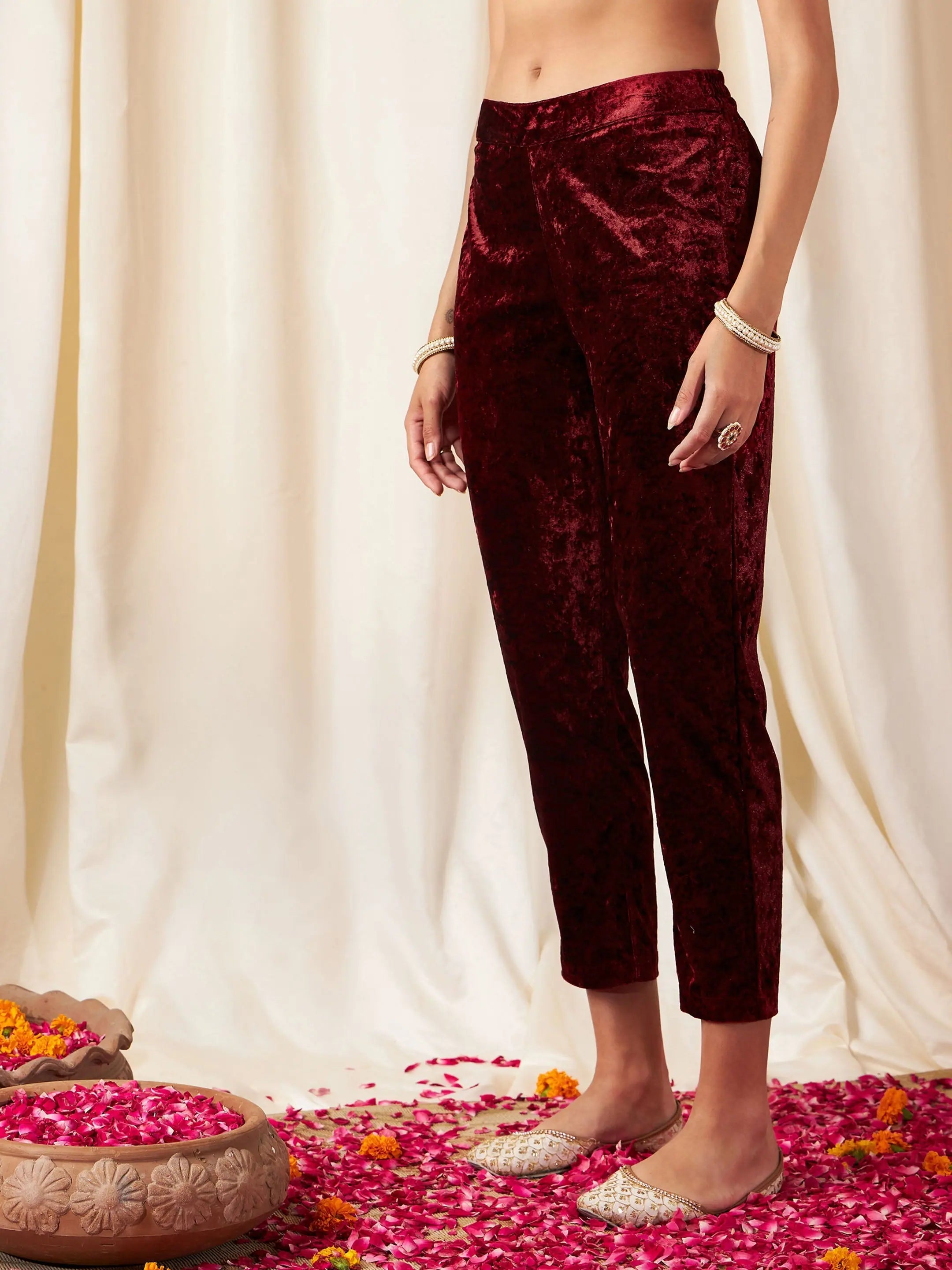 Maroon Velvet Pencil Pants - Women's Western Clothing Online