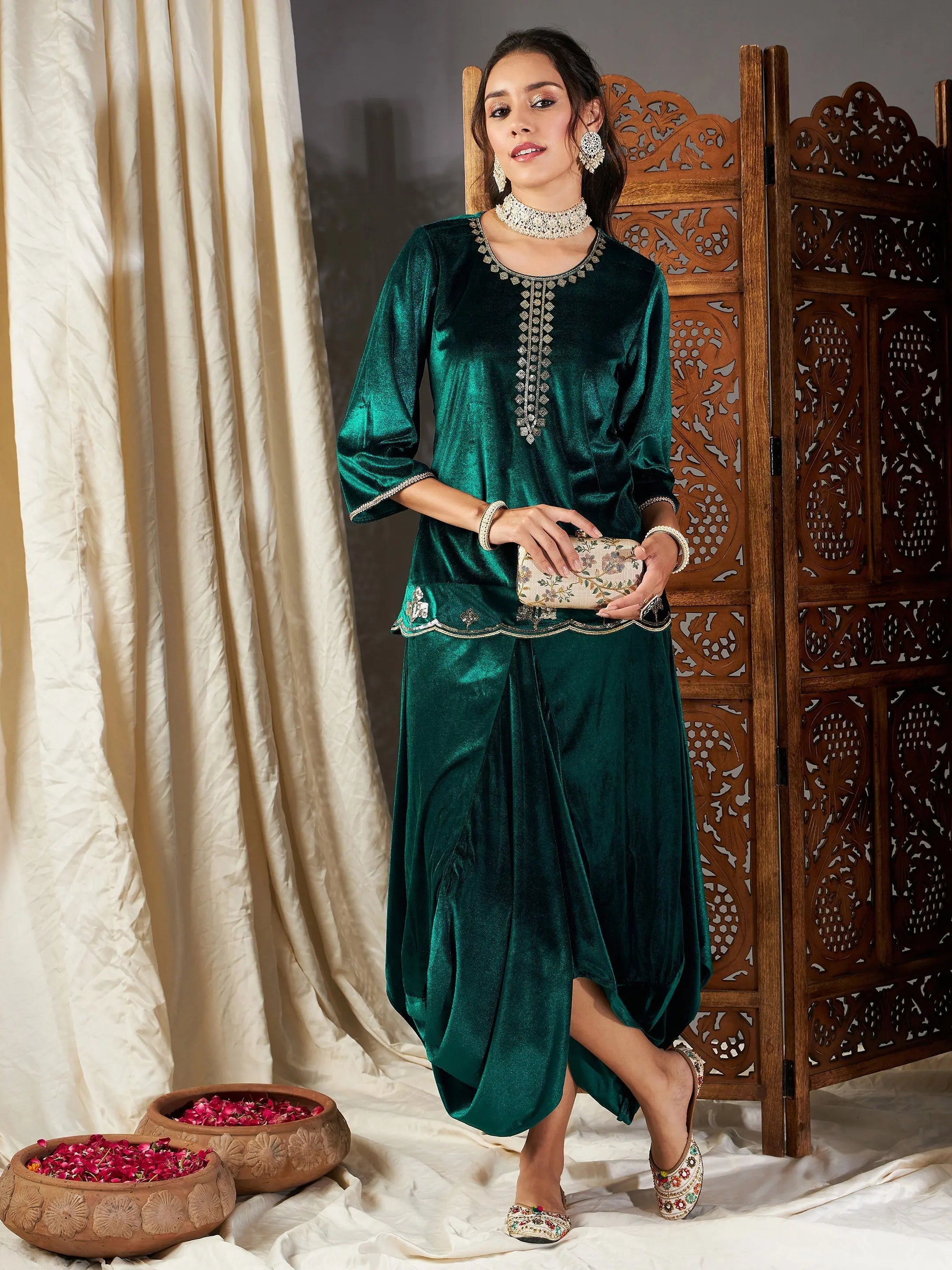 Green Velvet Embroidered Kurta - Stylish Tunic Top for Women
