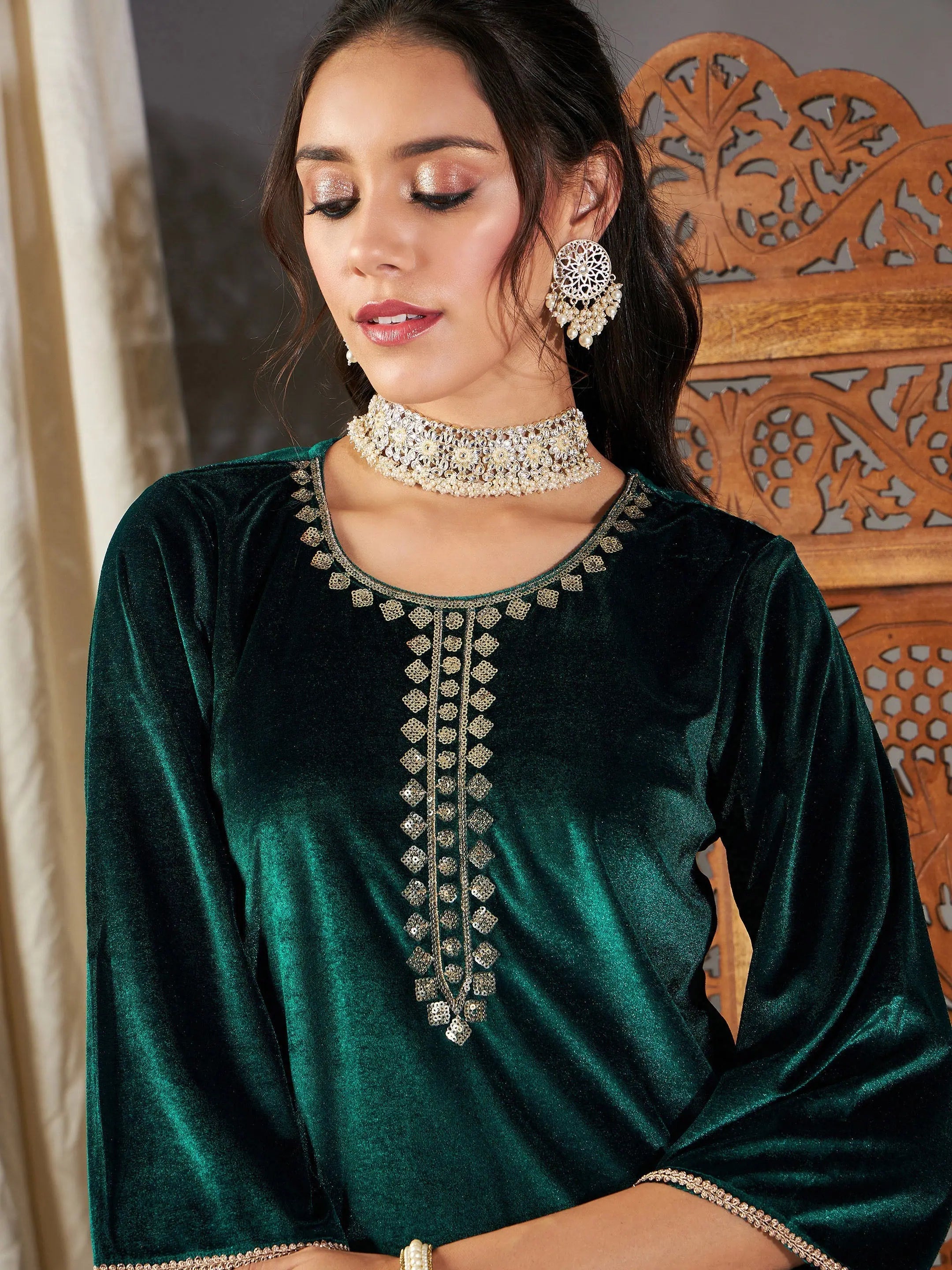 Green Velvet Embroidered Kurta - Stylish Tunic Top for Women