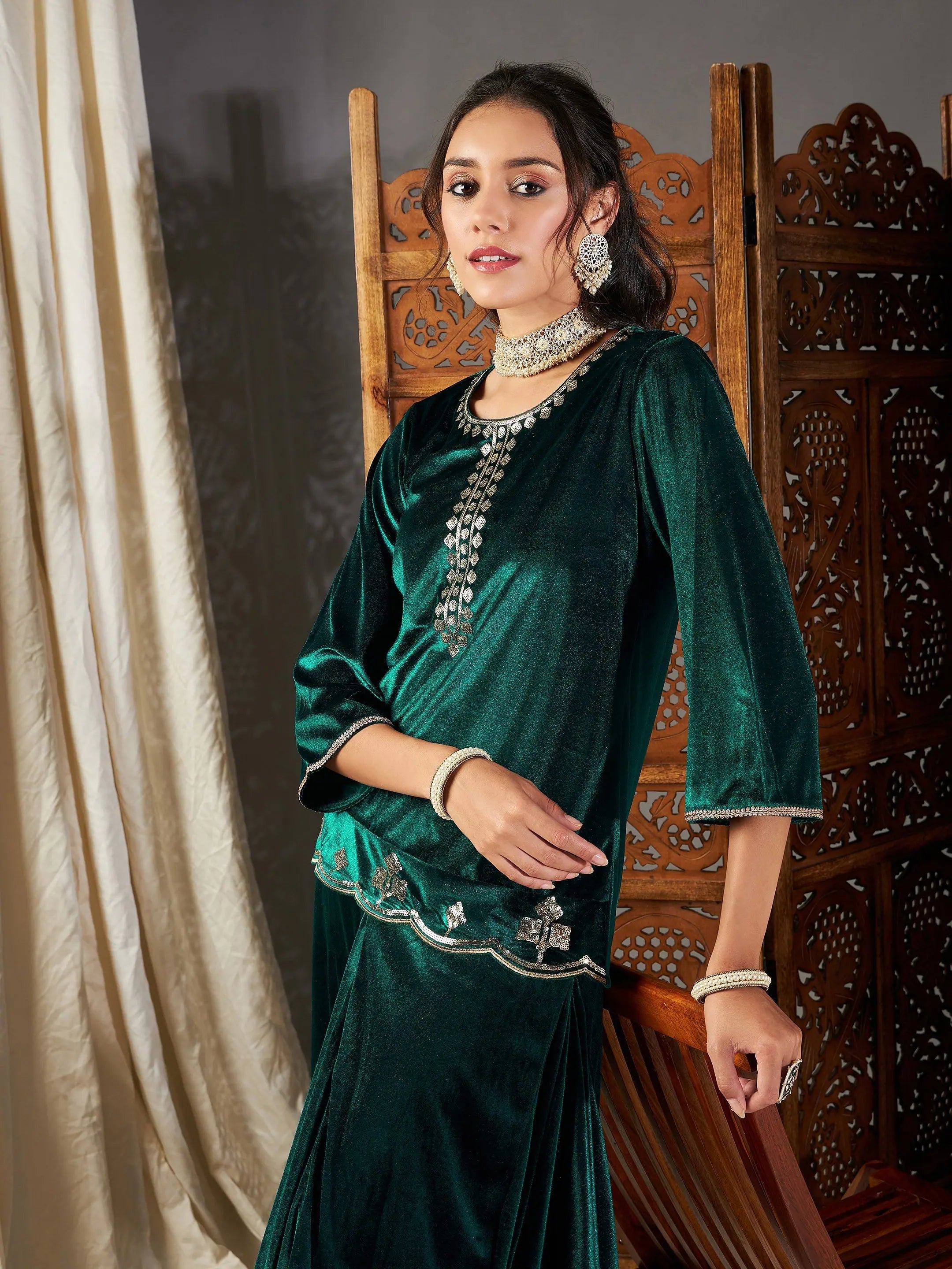 Green Velvet Embroidered Kurta - Stylish Tunic Top for Women