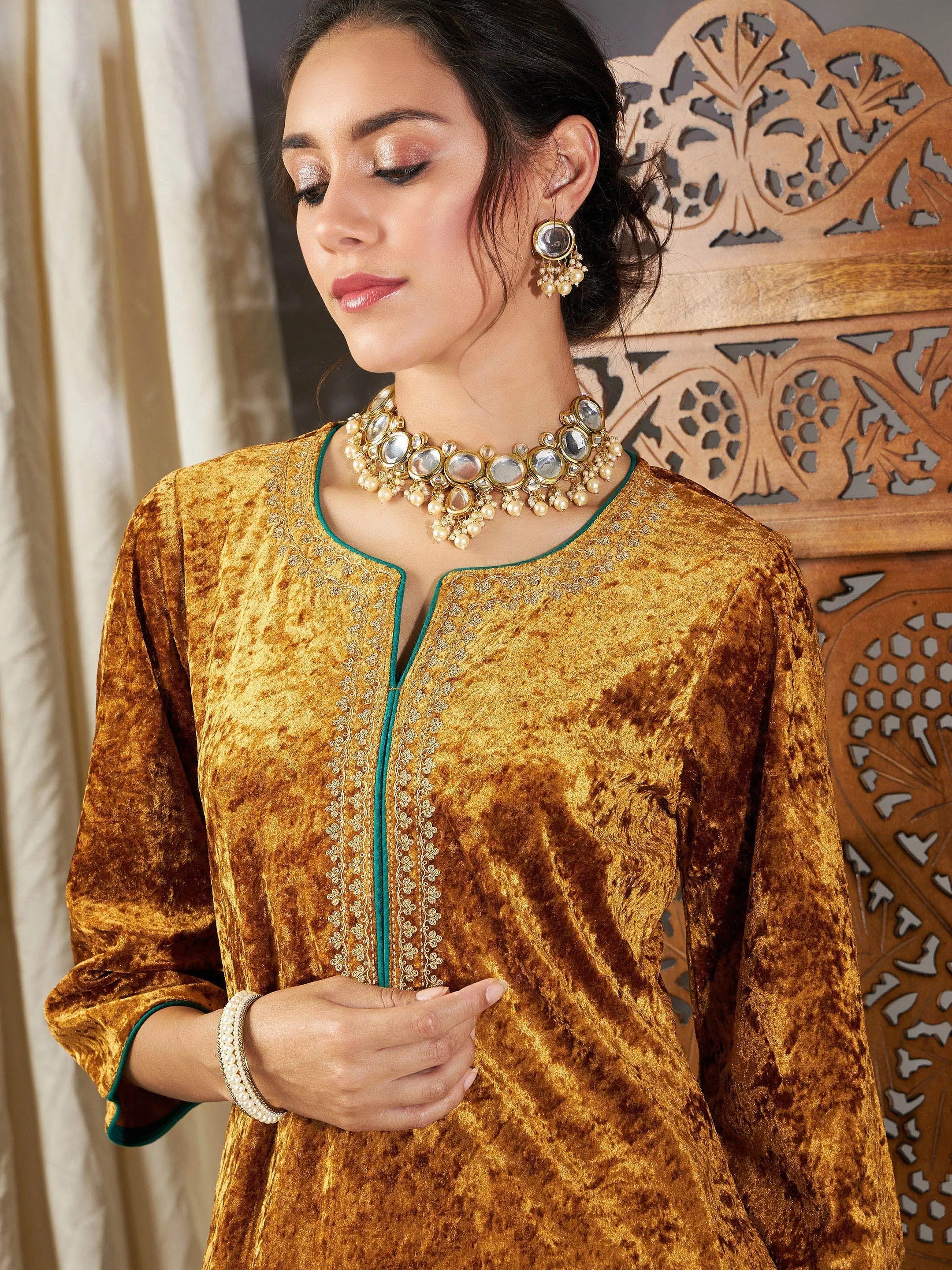 Mustard Velvet Sequin Straight Kurta | Indian Kurtas for Ladies