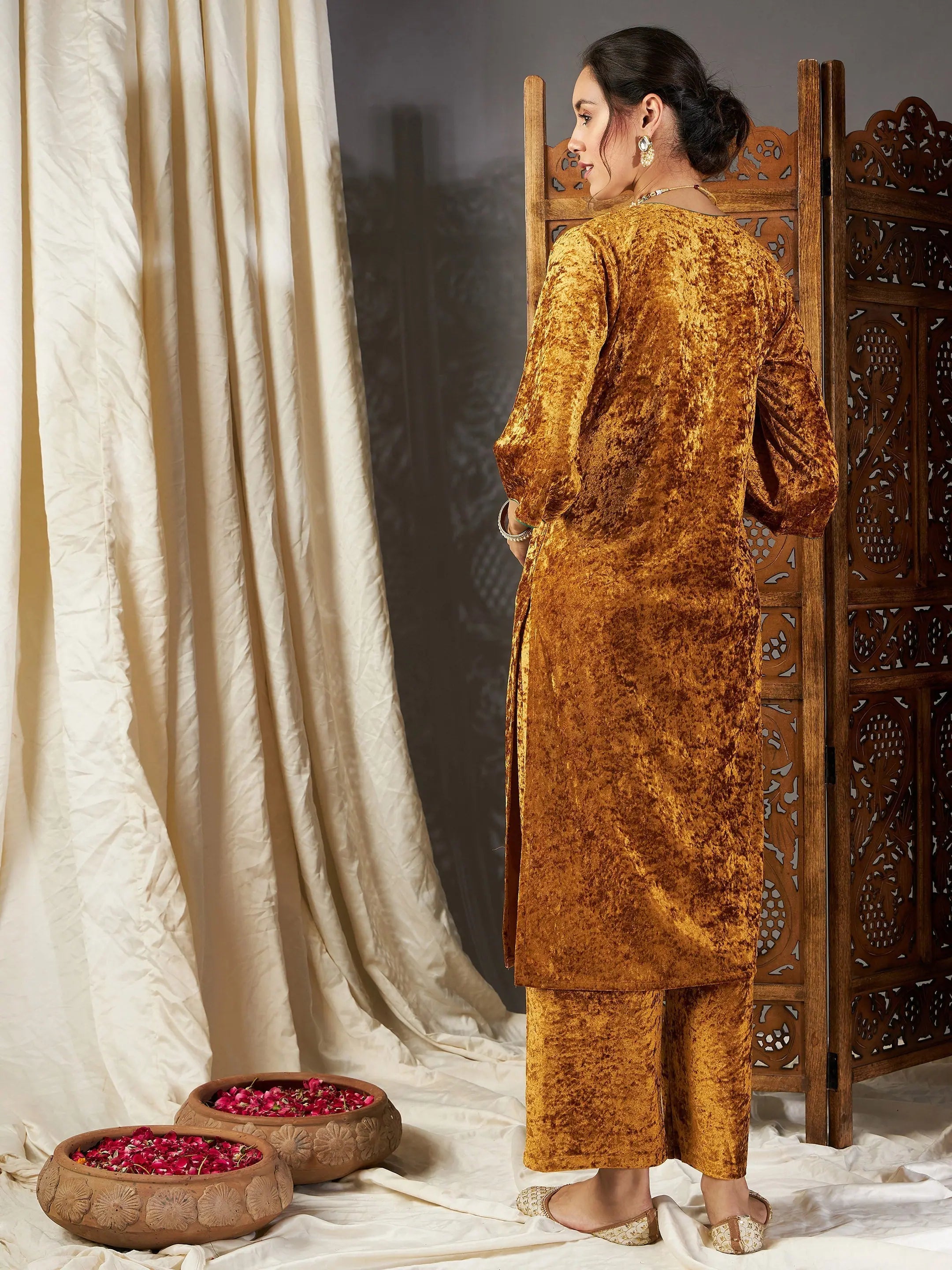 Mustard Velvet Sequin Straight Kurta | Indian Kurtas for Ladies