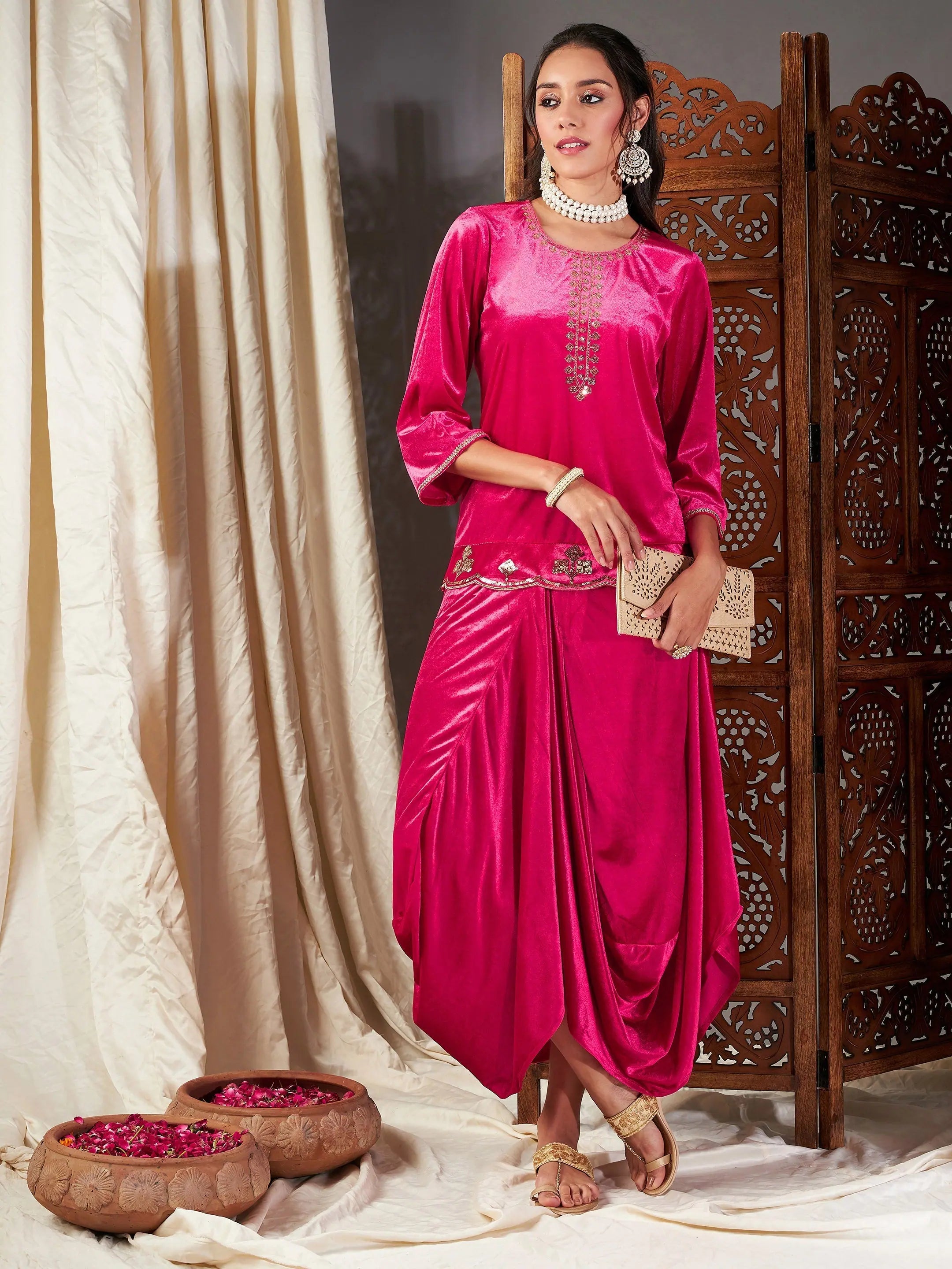 Fuchsia Velvet Embroidered Kurta - Indian Kurtis for Ladies