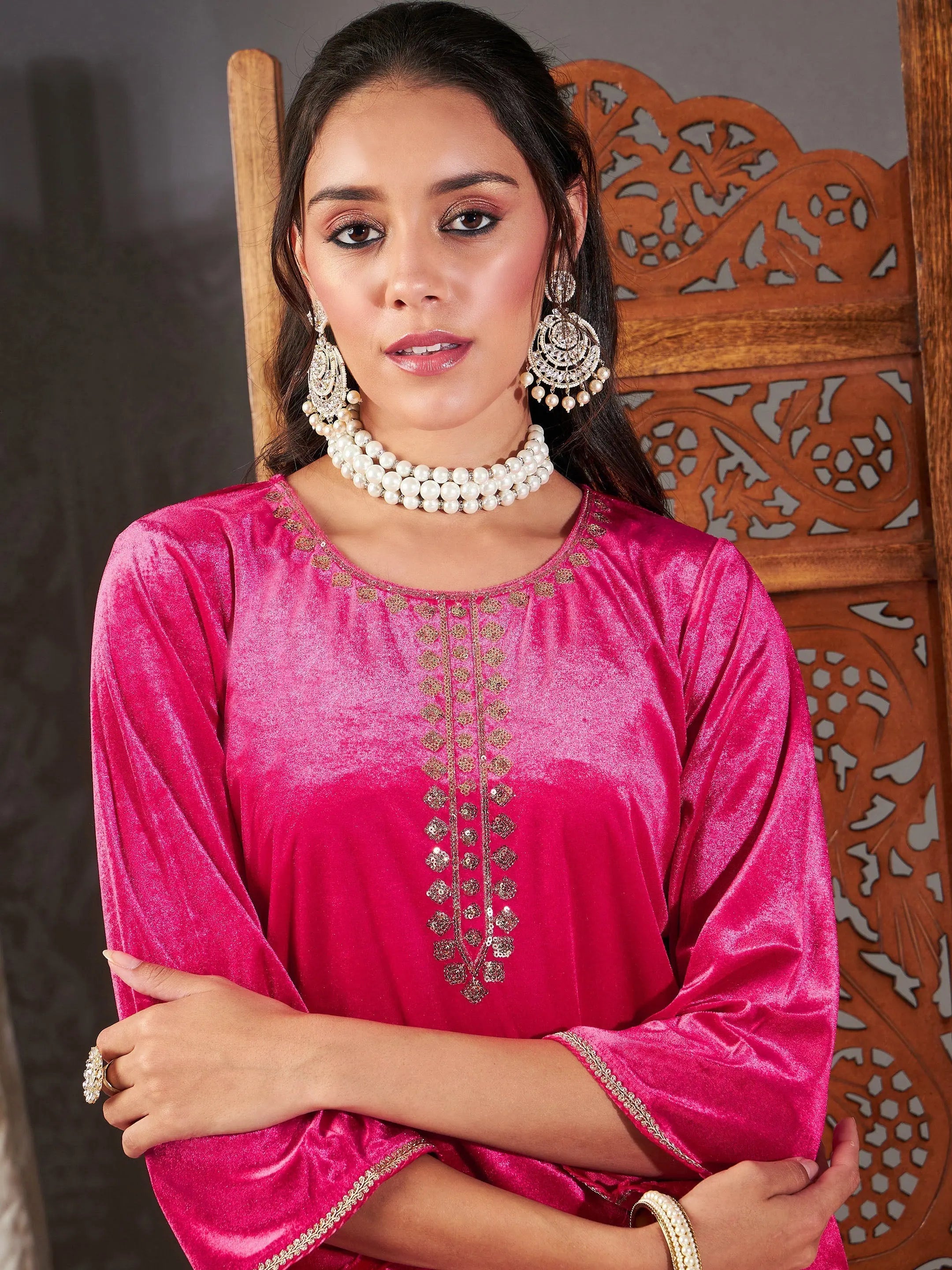 Fuchsia Velvet Embroidered Kurta - Indian Kurtis for Ladies