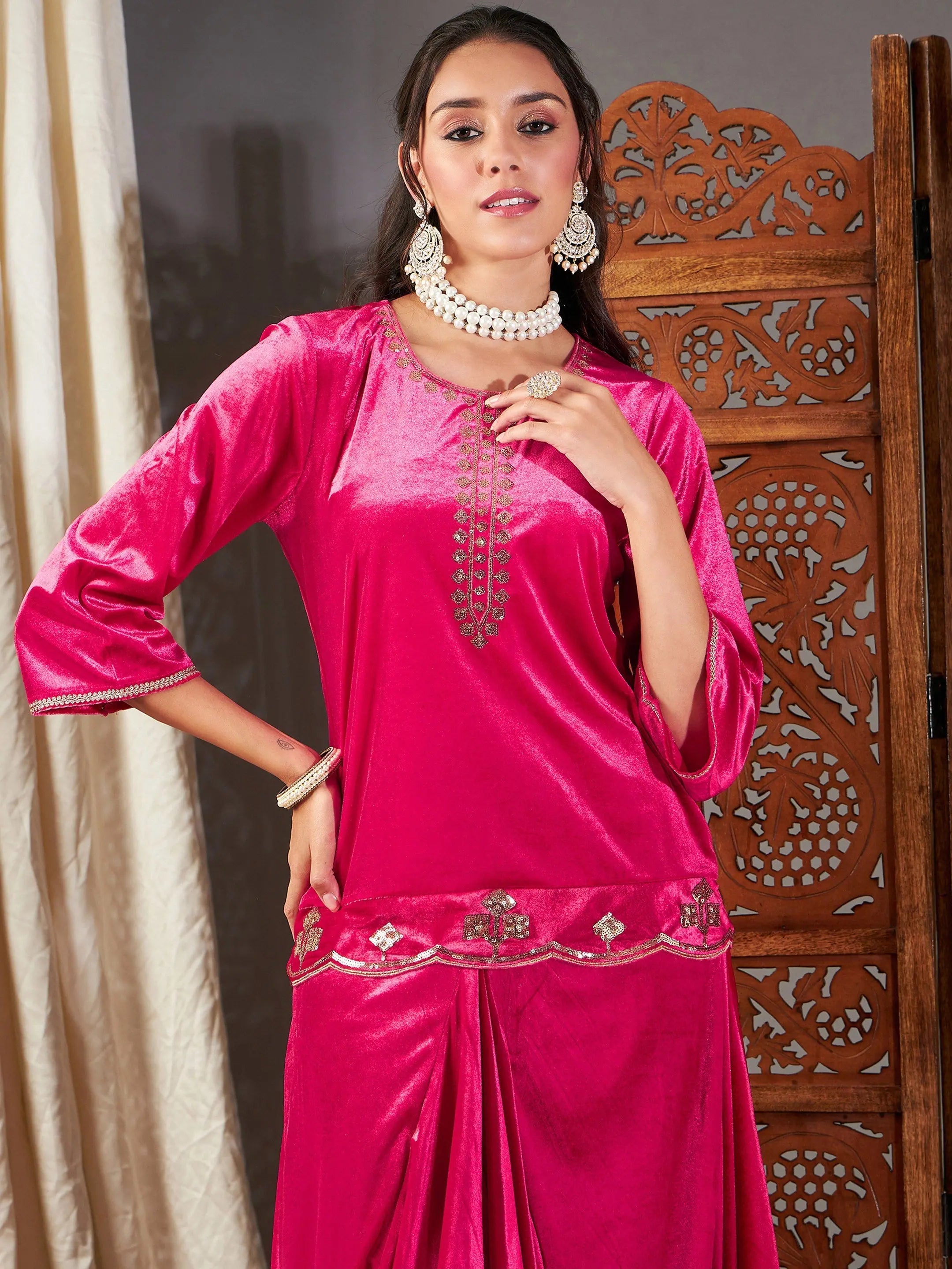 Fuchsia Velvet Embroidered Kurta - Indian Kurtis for Ladies