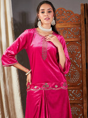 Women Fuchsia Velvet Embroidered Short Kurta