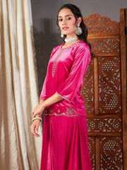 Women Fuchsia Velvet Embroidered Short Kurta