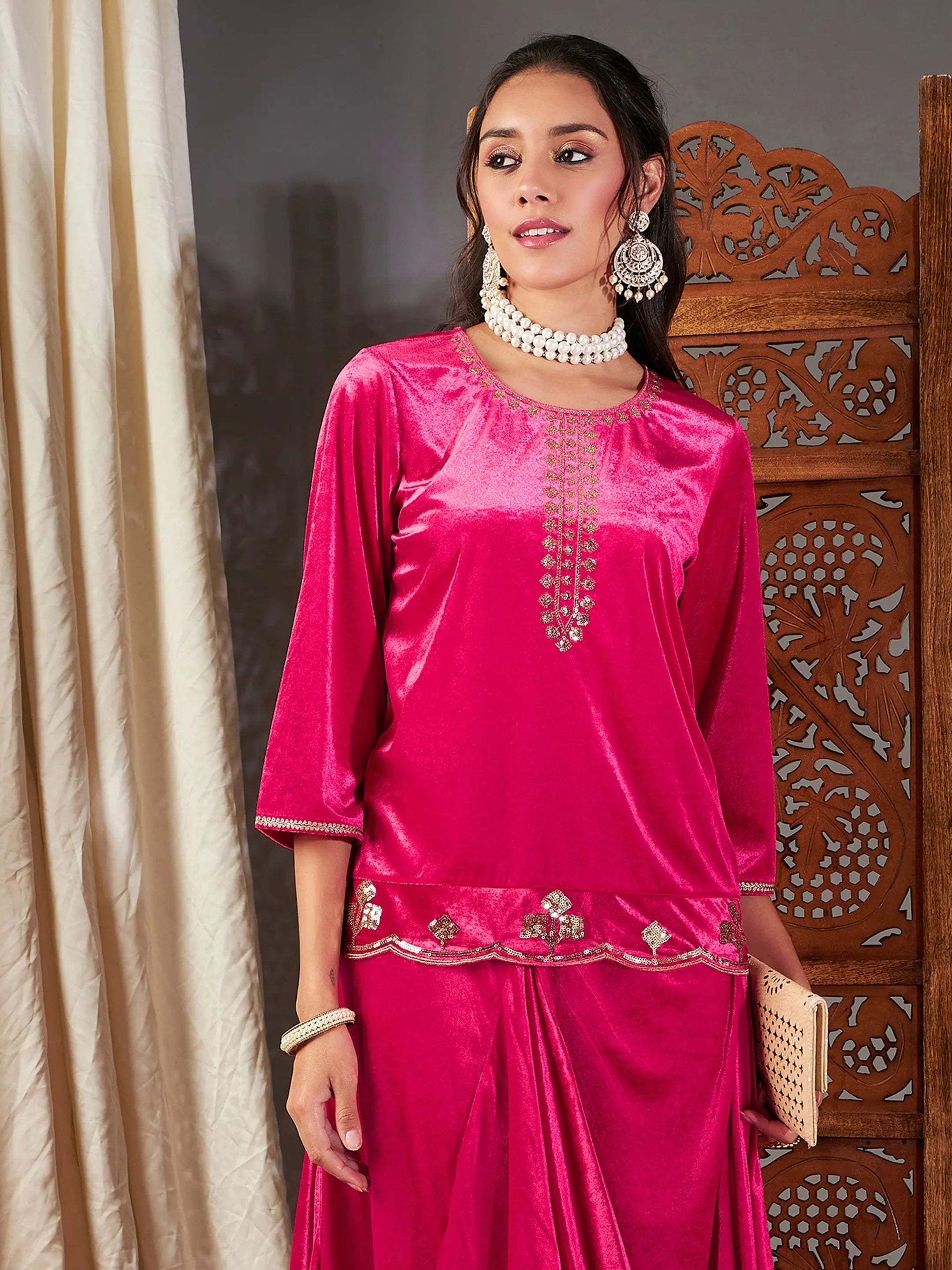 Fuchsia Velvet Embroidered Kurta - Indian Kurtis for Ladies