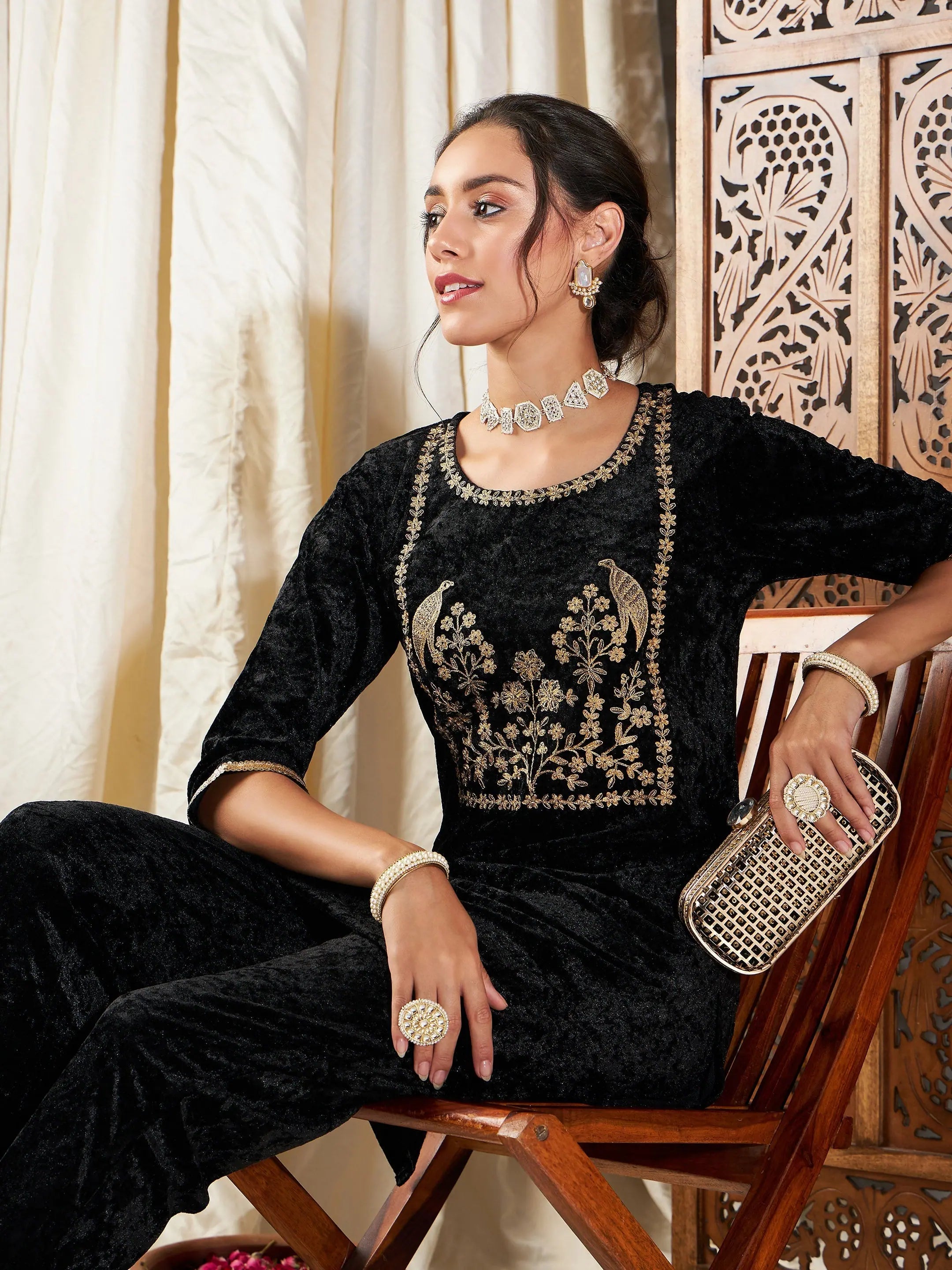 Black Velvet Embroidered Yoke Indian Kurta - Tunic Tops