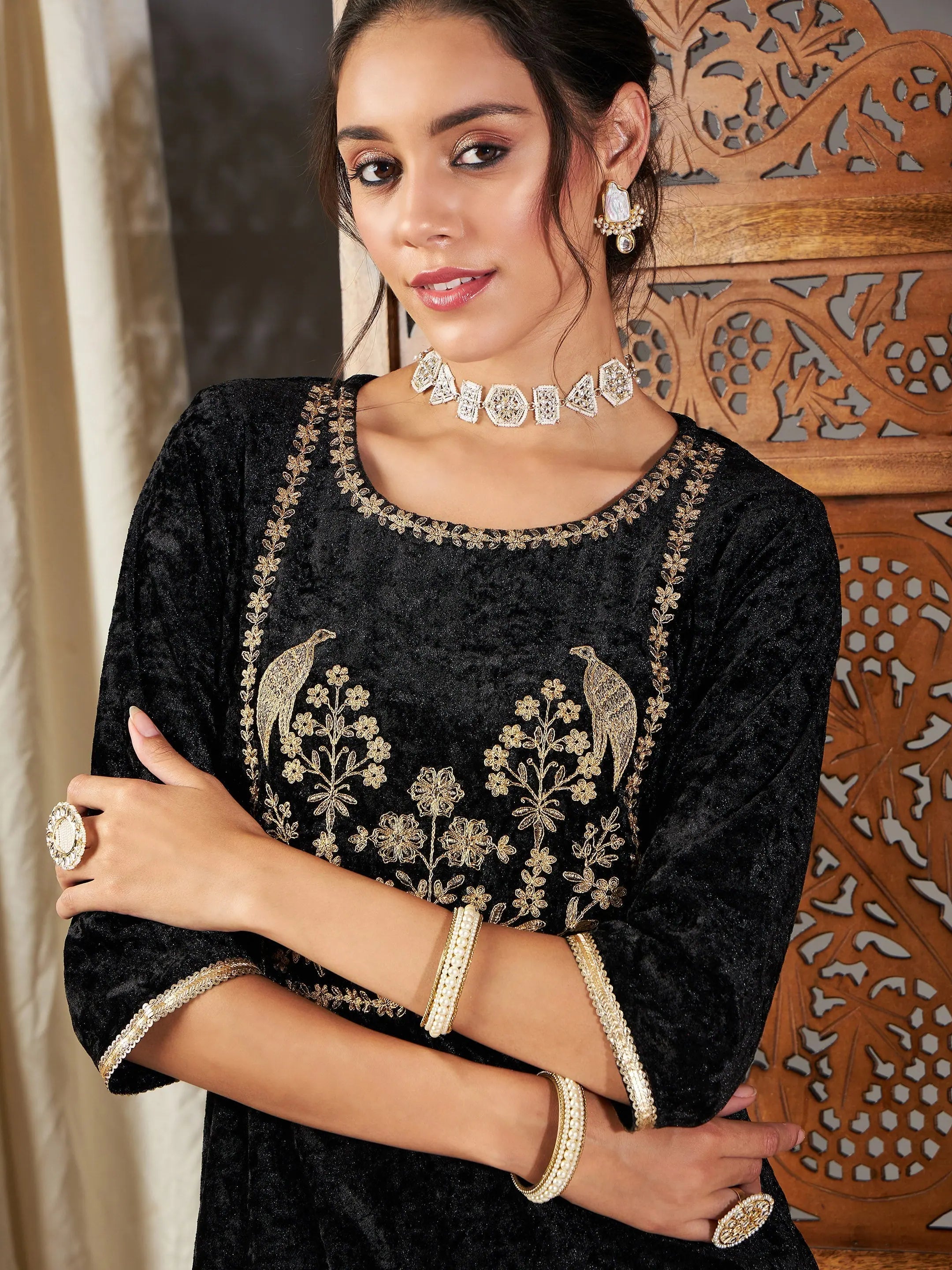 Black Velvet Embroidered Yoke Indian Kurta - Tunic Tops