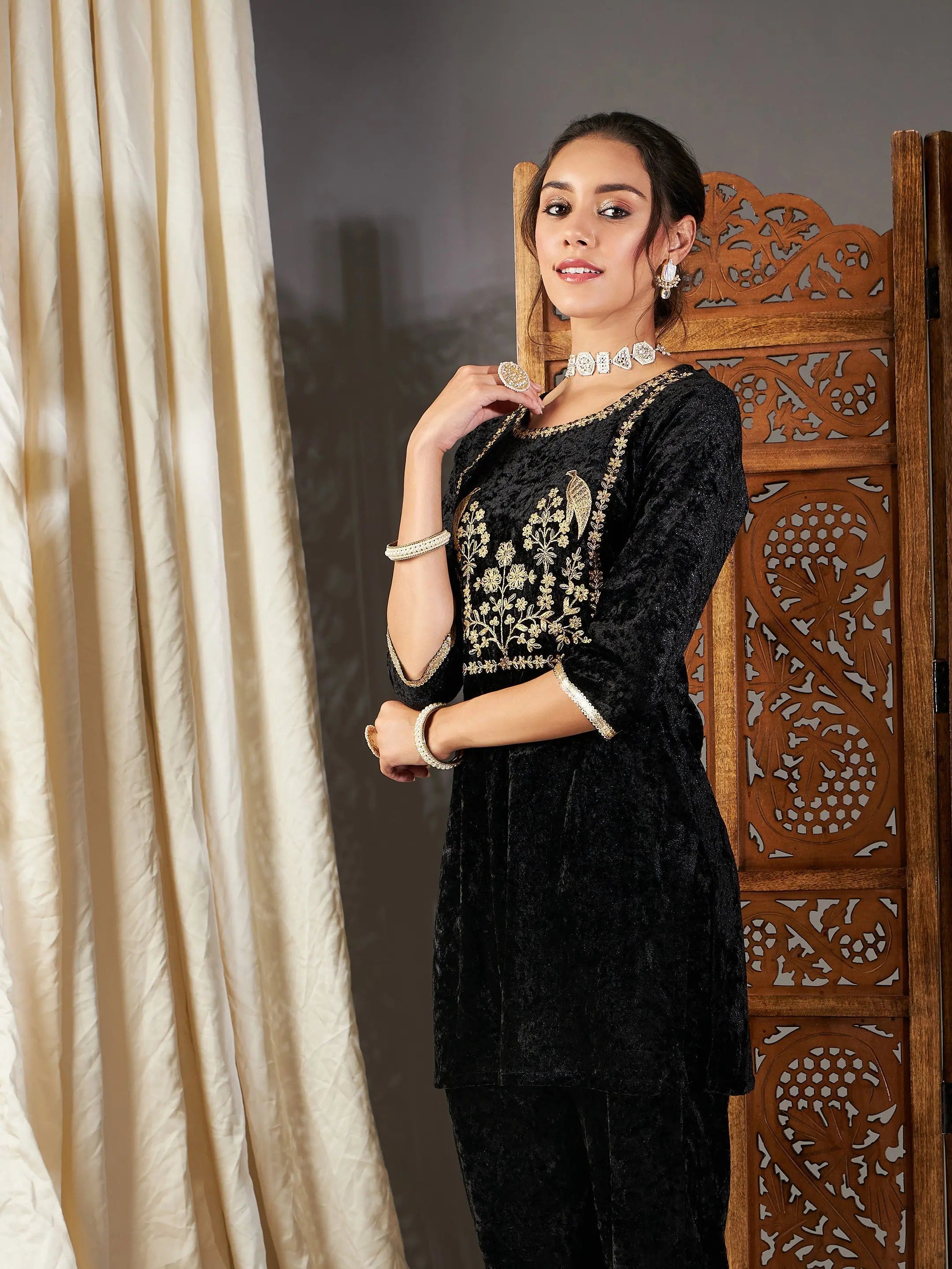 Black Velvet Embroidered Yoke Indian Kurta - Tunic Tops