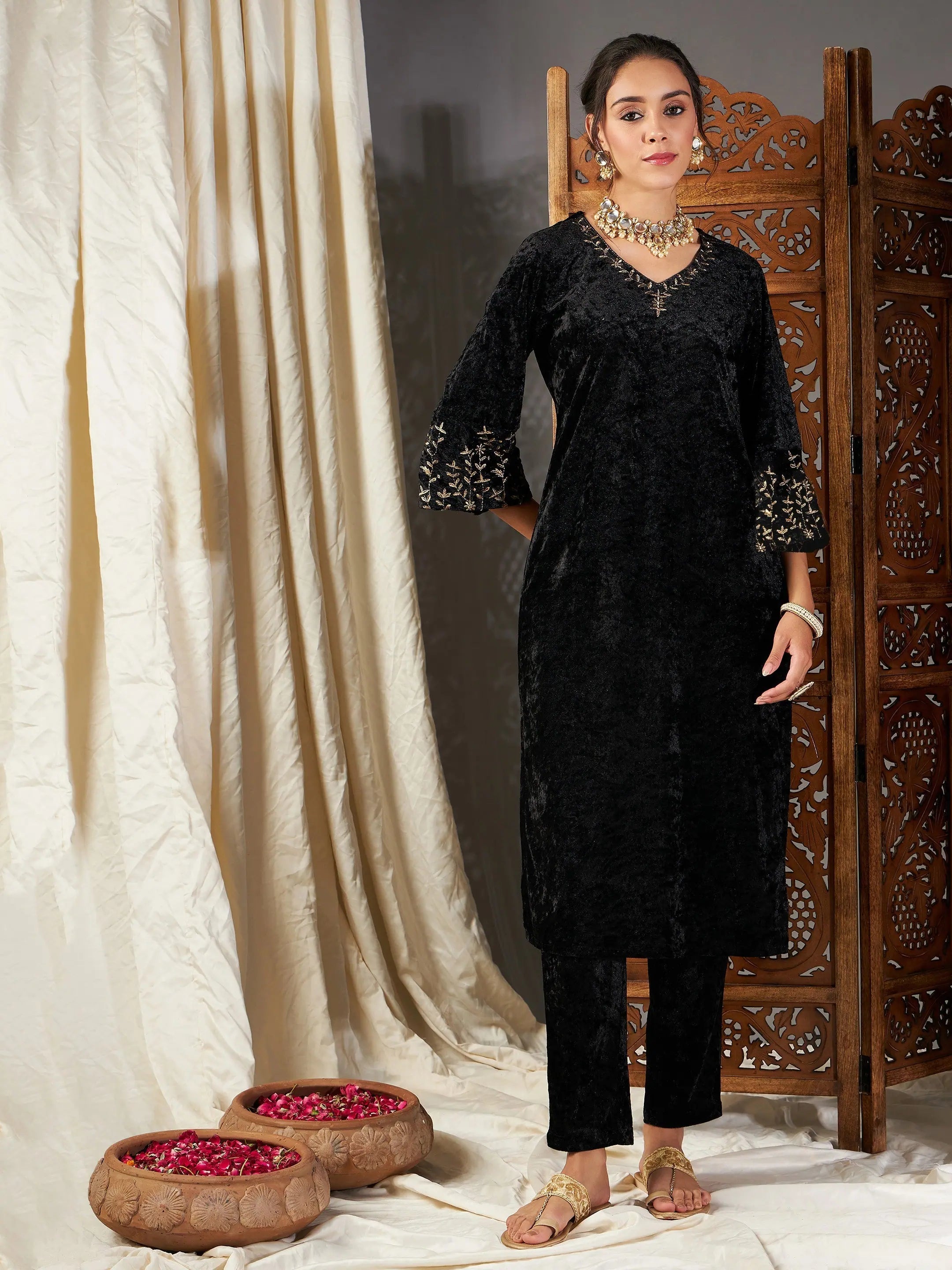 Black Velvet Embroidered Sleeve Kurta | Indian Kurtis Collection