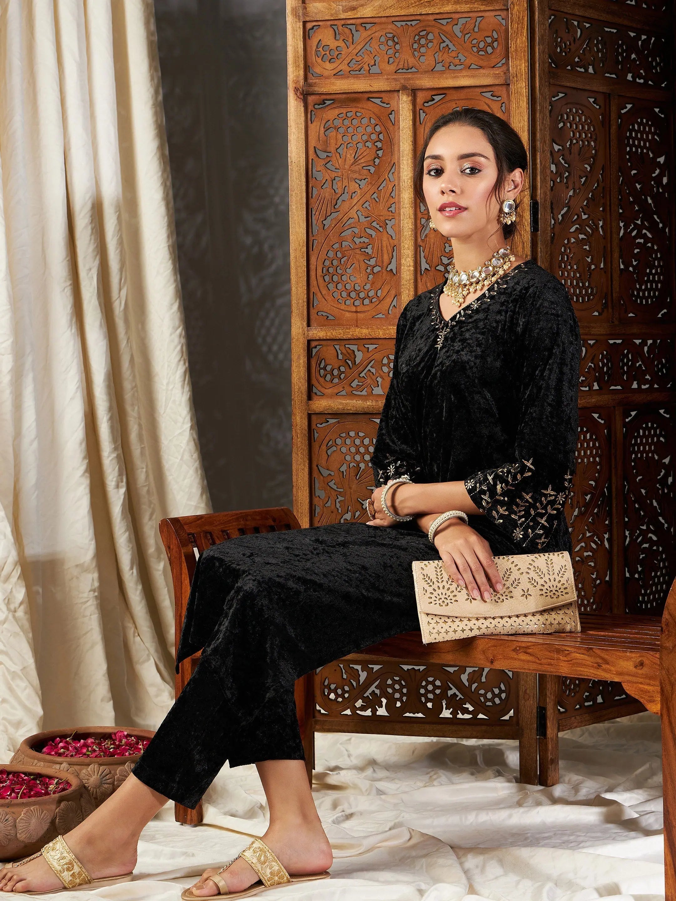 Black Velvet Embroidered Sleeve Kurta | Indian Kurtis Collection