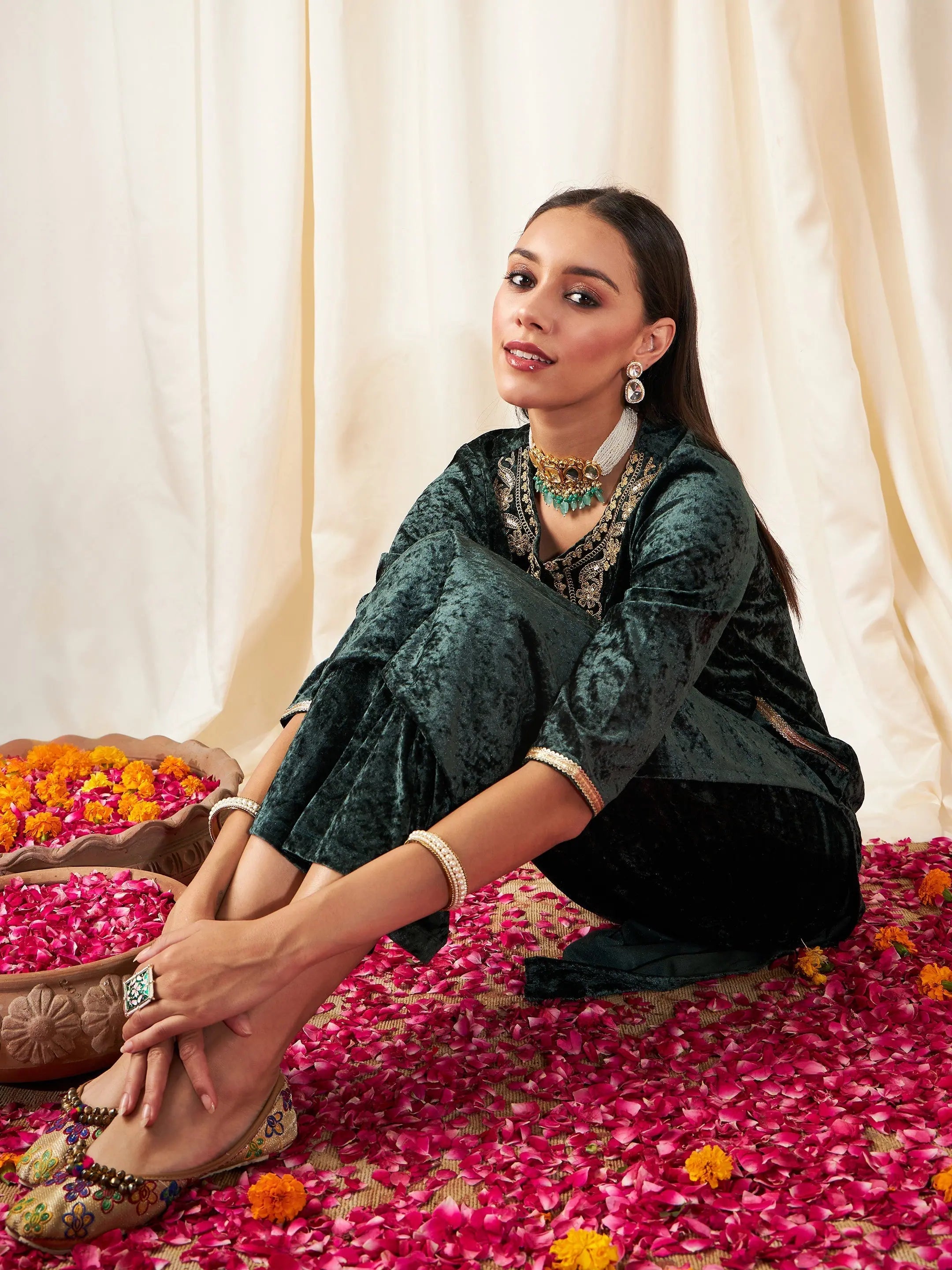 Emerald Green Embroidered Indian Kurta | Velvet Kurta for Women