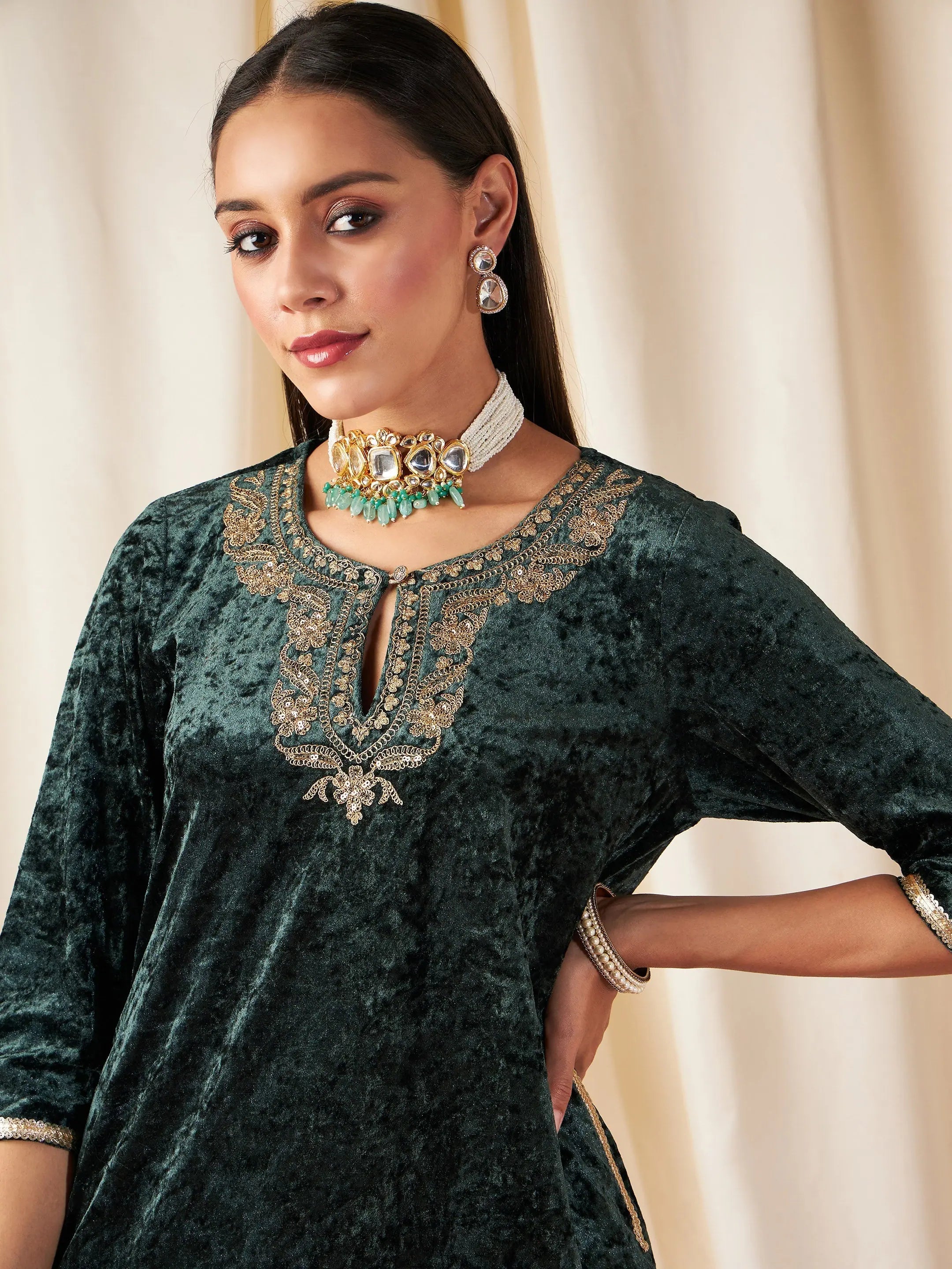 Emerald Green Embroidered Indian Kurta | Velvet Kurta for Women