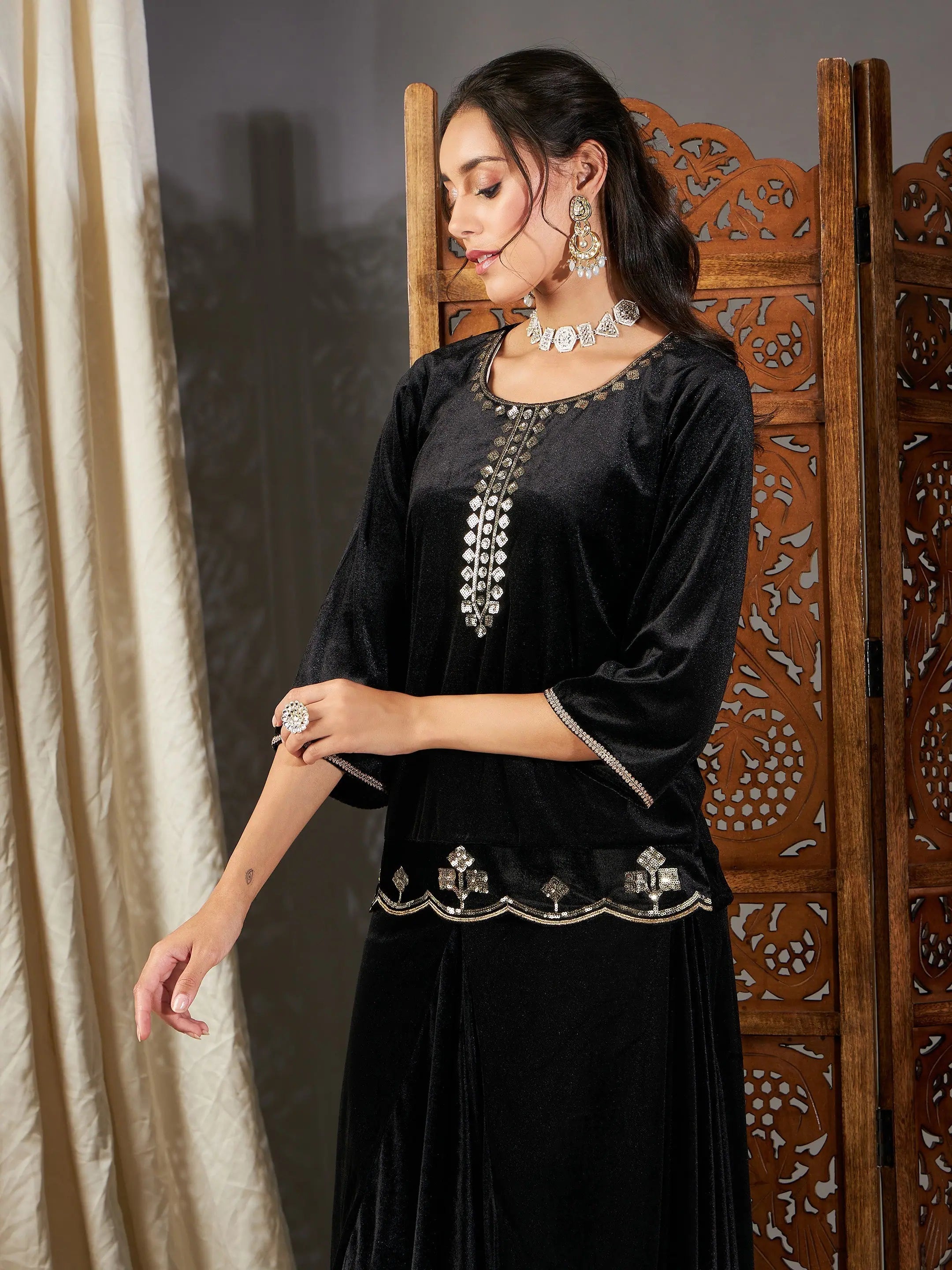 Black Velvet Embroidered Indian Kurta - Tunic Tops for Women