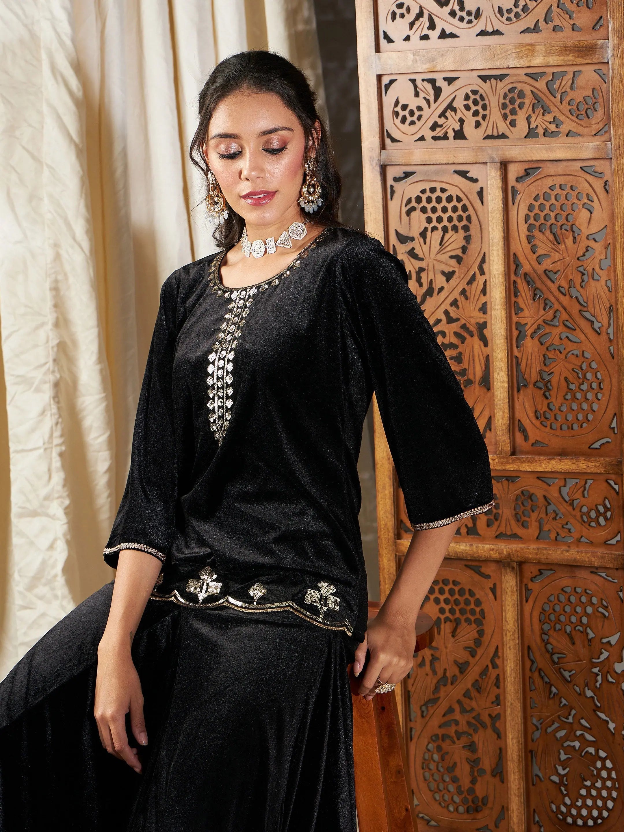 Black Velvet Embroidered Indian Kurta - Tunic Tops for Women
