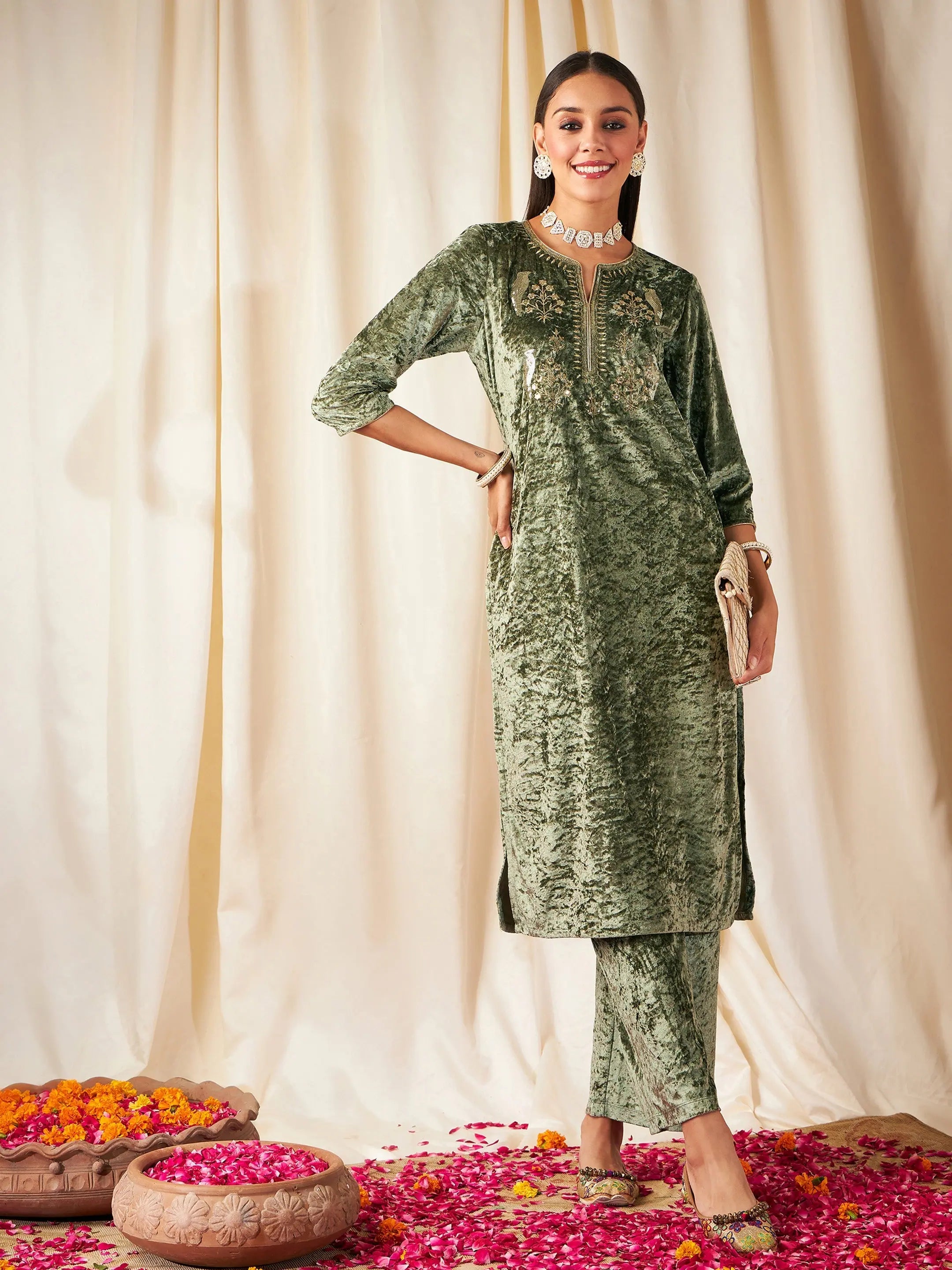Green Velvet Embroidered Indian Kurta for Women - Stylish Kurti