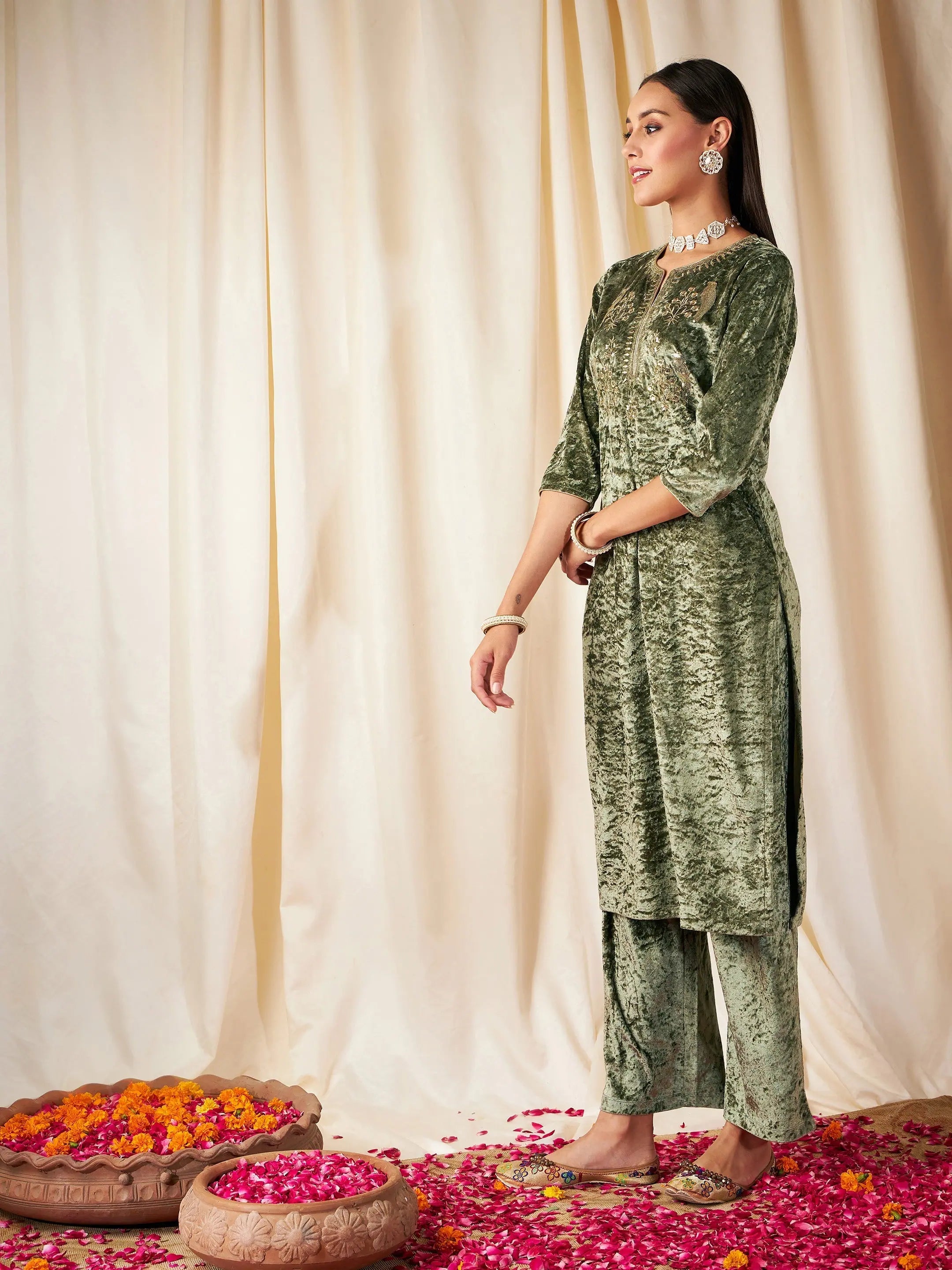 Green Velvet Embroidered Indian Kurta for Women - Stylish Kurti