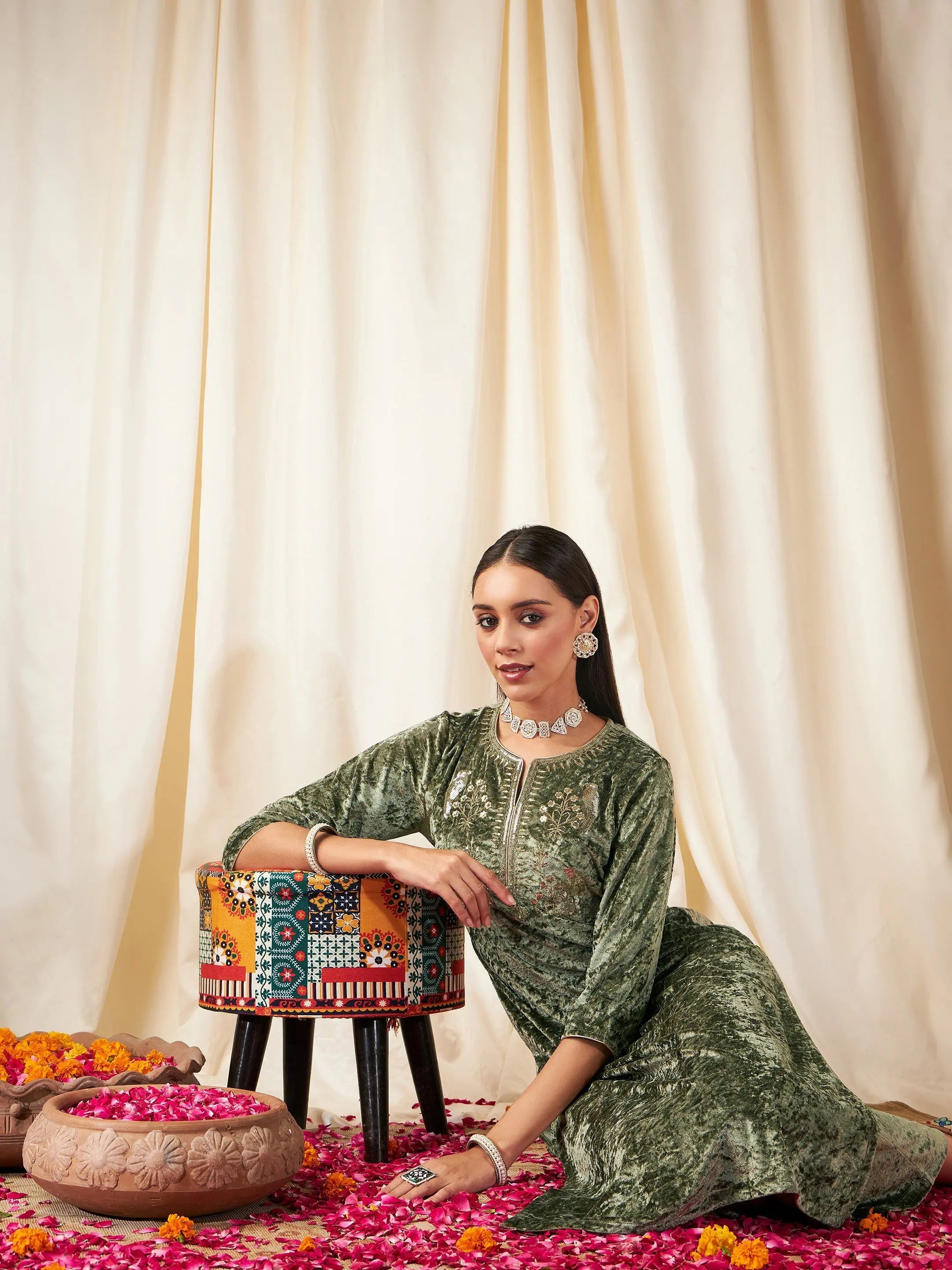 Green Velvet Embroidered Indian Kurta for Women - Stylish Kurti