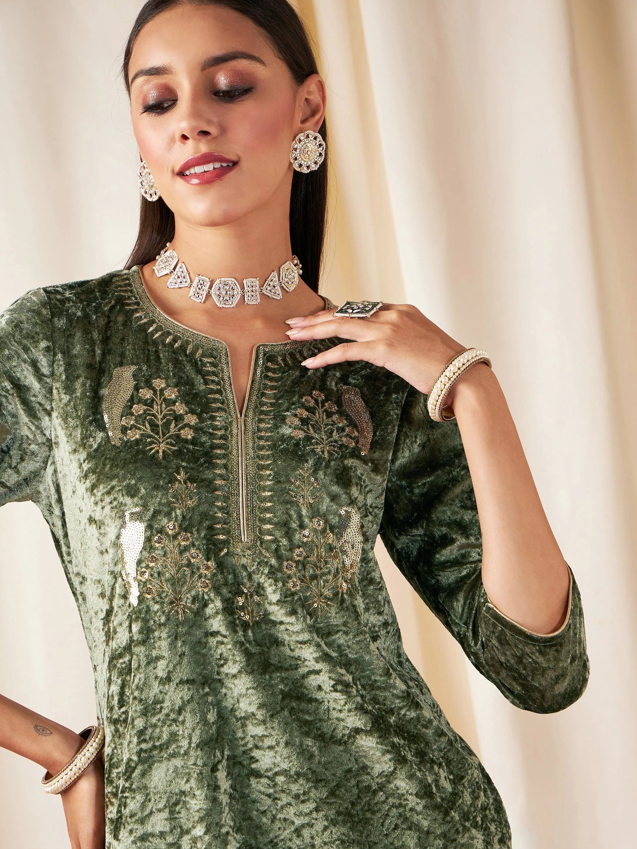 Green Velvet Embroidered Indian Kurta for Women - Stylish Kurti