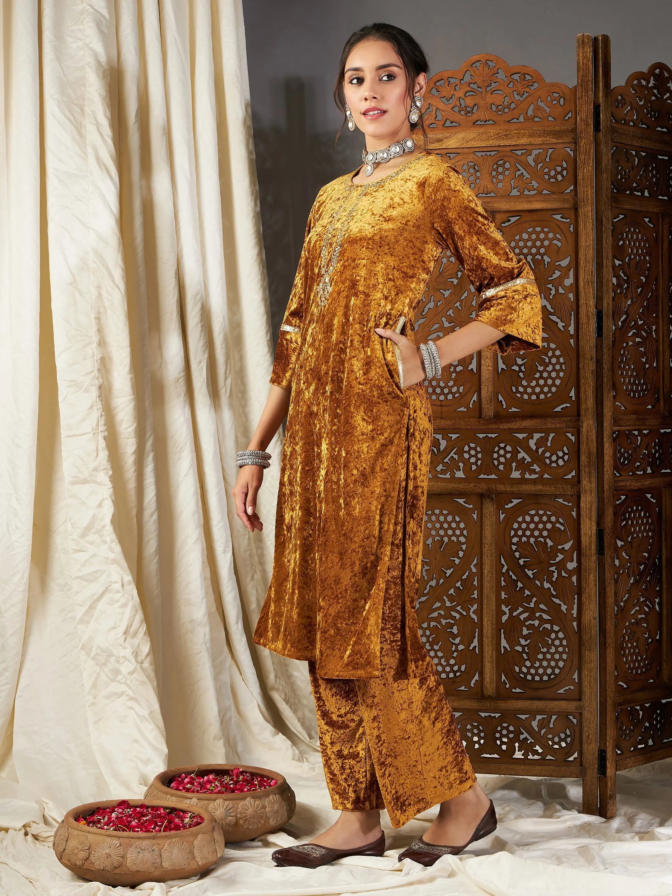 Mustard Velvet Embroidery Kurta - Elegant Indian Kurtas
