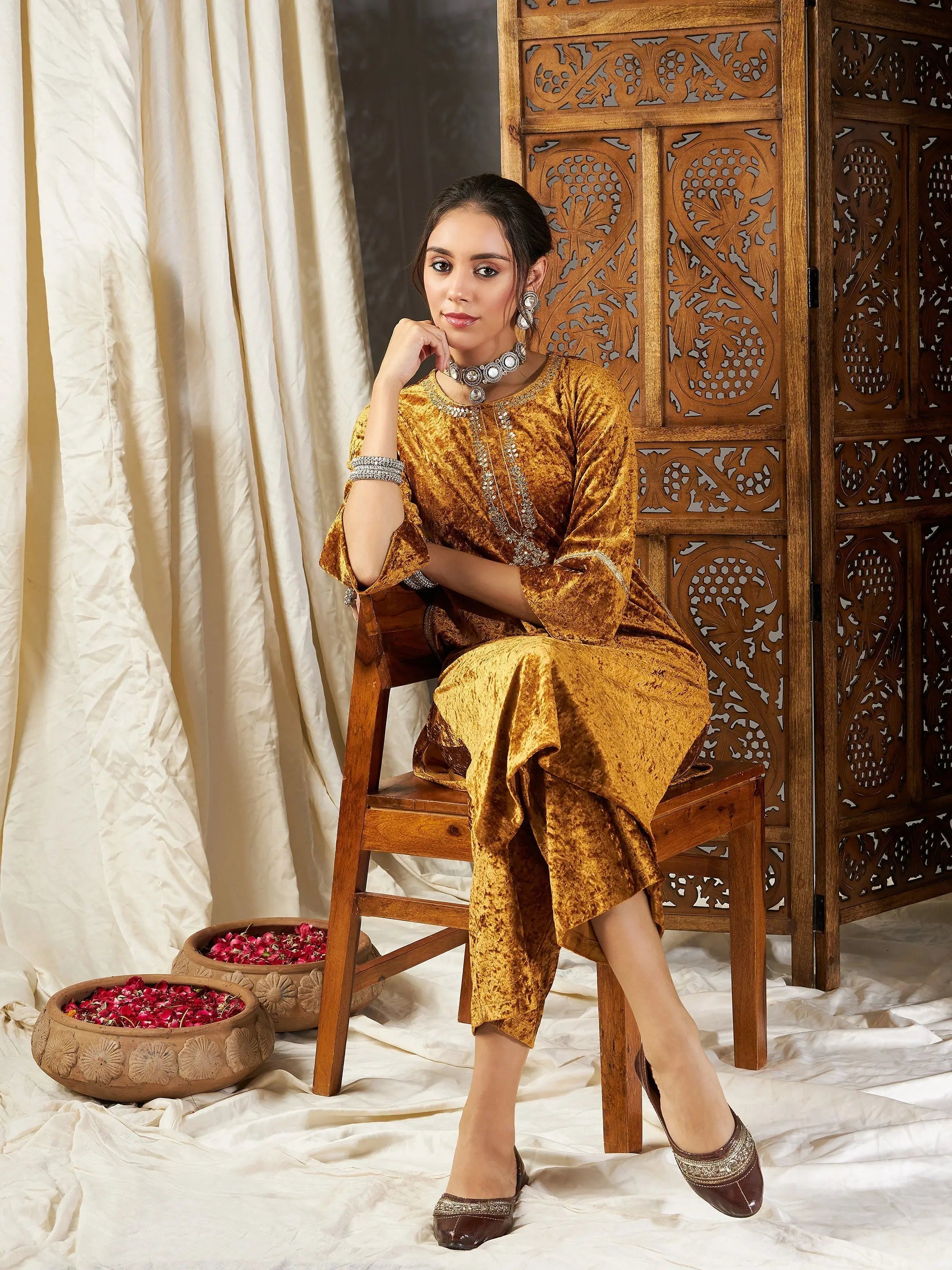 Mustard Velvet Embroidery Kurta - Elegant Indian Kurtas