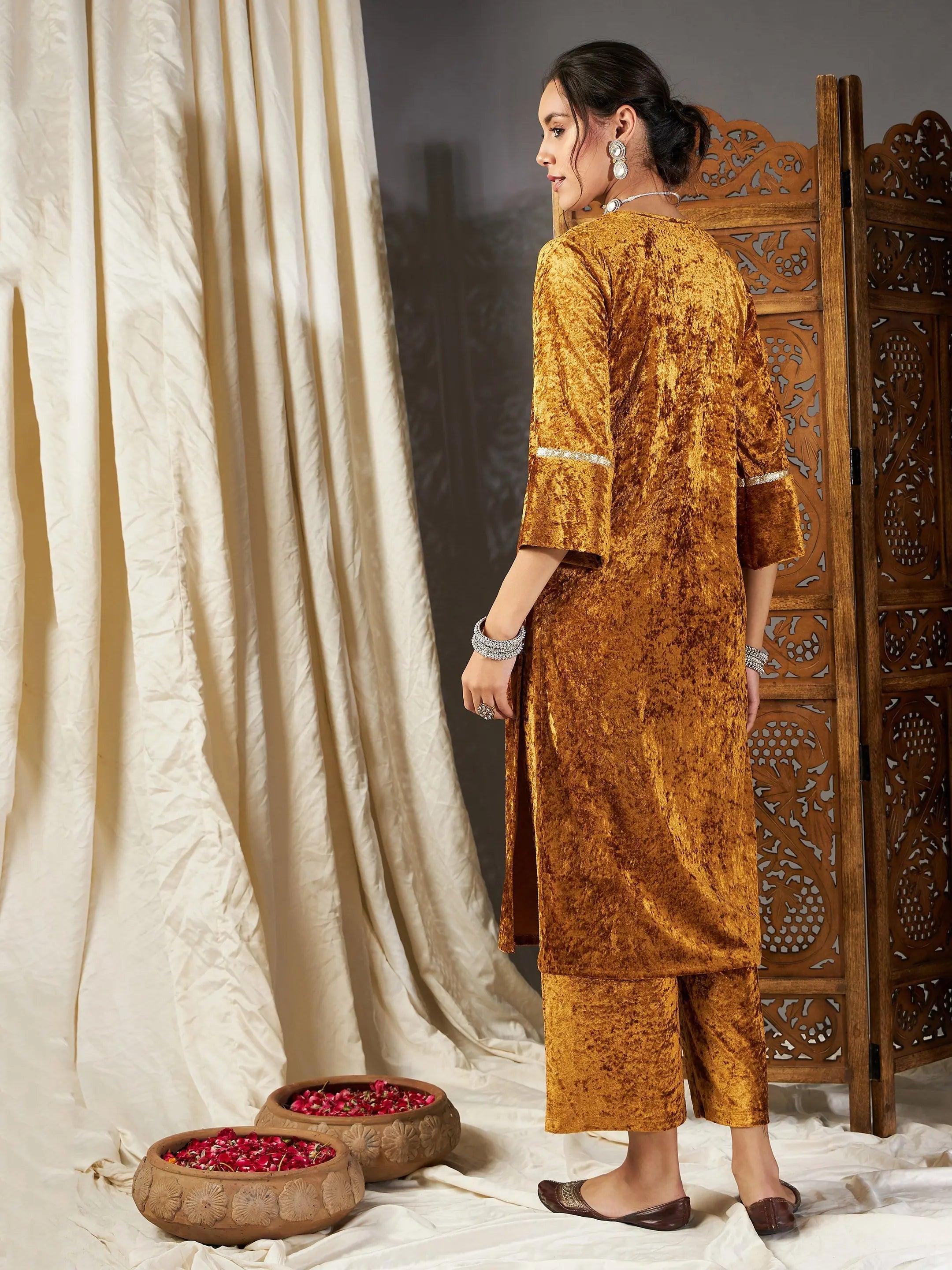Mustard Velvet Embroidery Kurta - Elegant Indian Kurtas