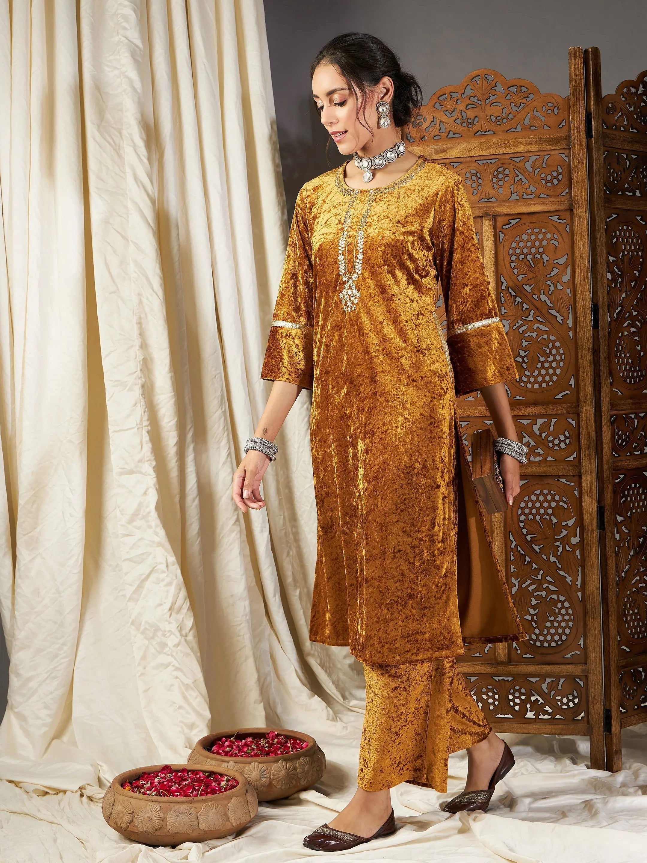 Mustard Velvet Embroidery Kurta - Elegant Indian Kurtas