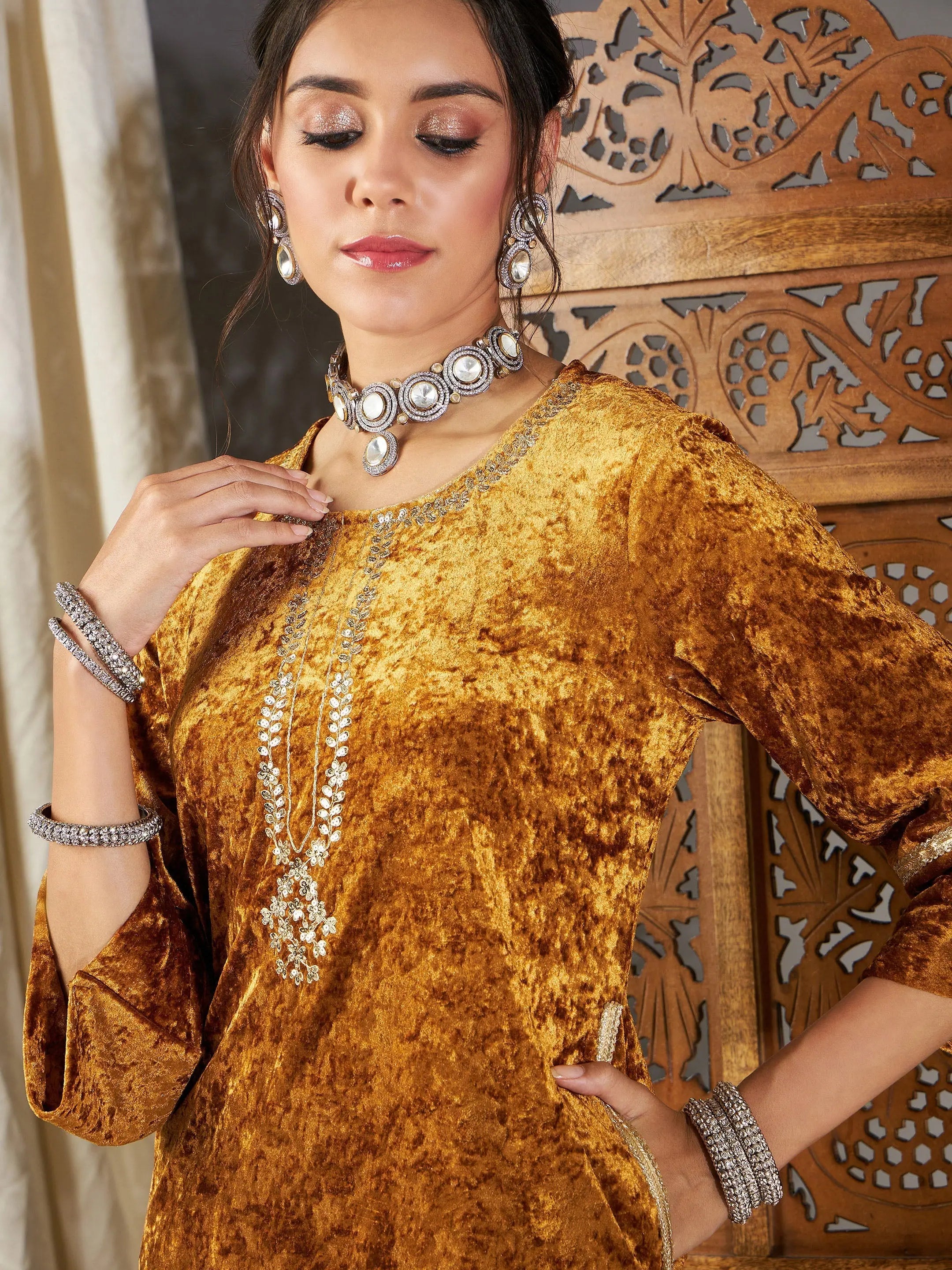 Mustard Velvet Embroidery Kurta - Elegant Indian Kurtas