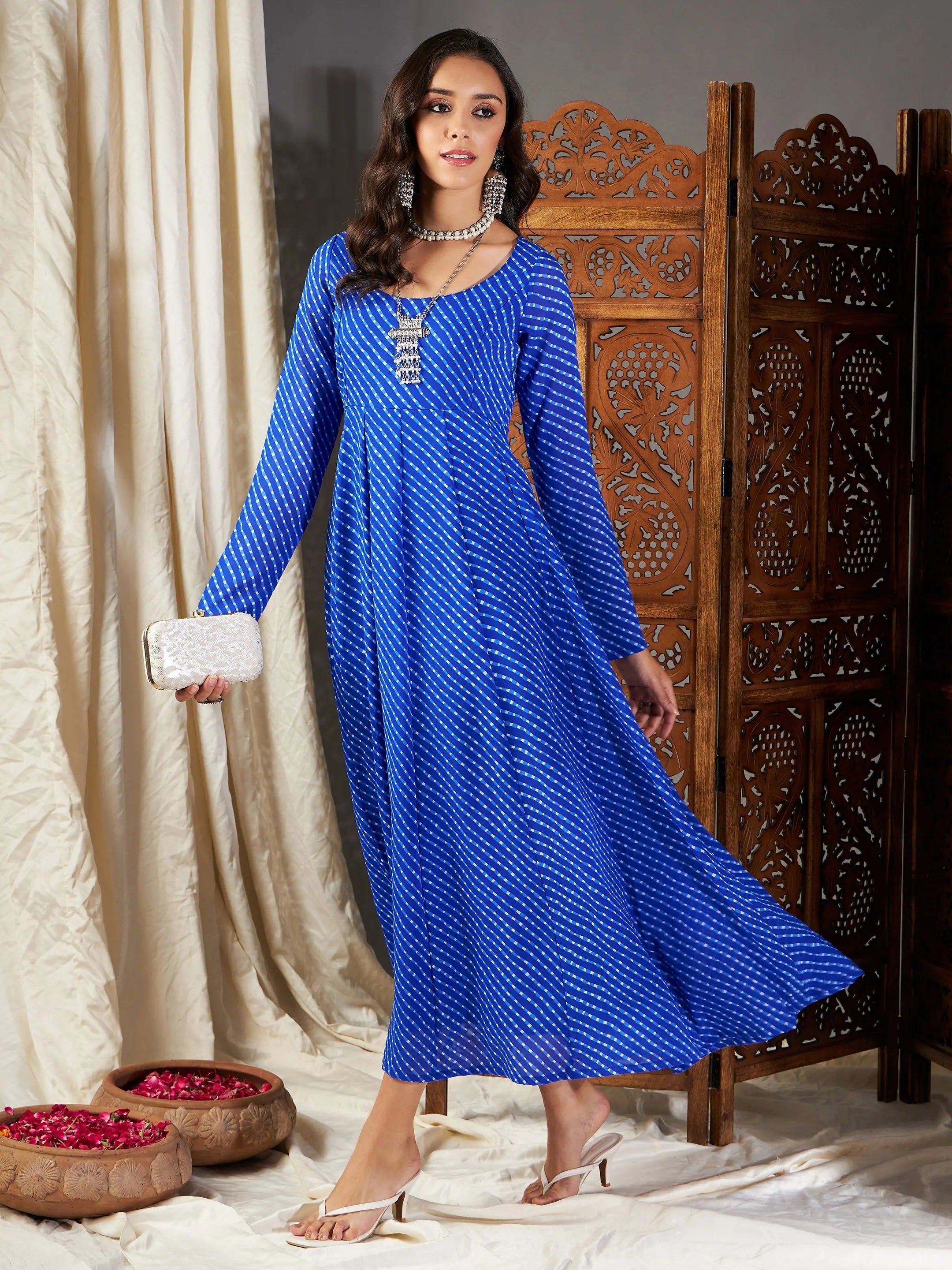 Blue Lehariya Anarkali Dress - Women's Ethnic Lehenga Fashion