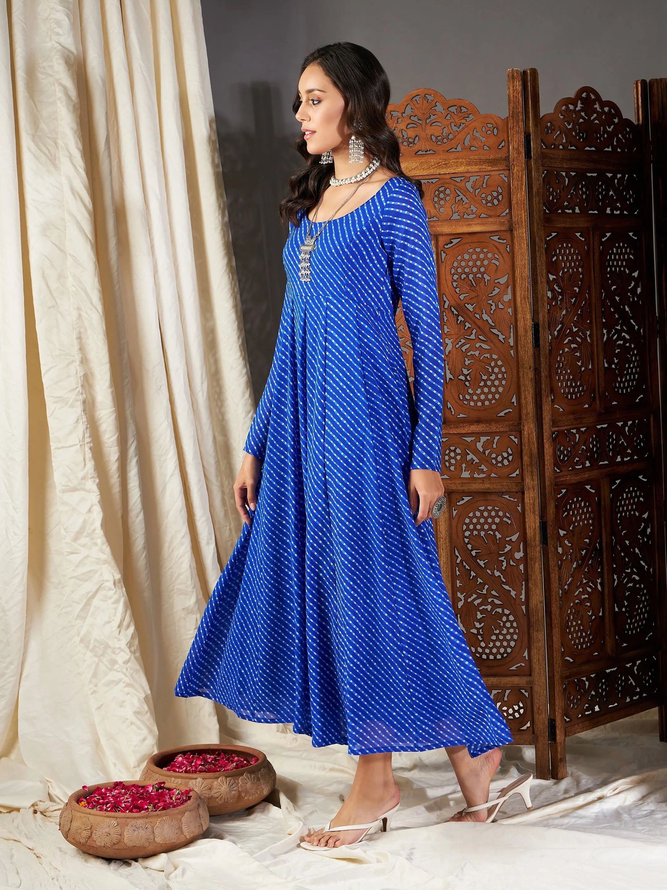 Blue Lehariya Anarkali Dress - Women's Ethnic Lehenga Fashion