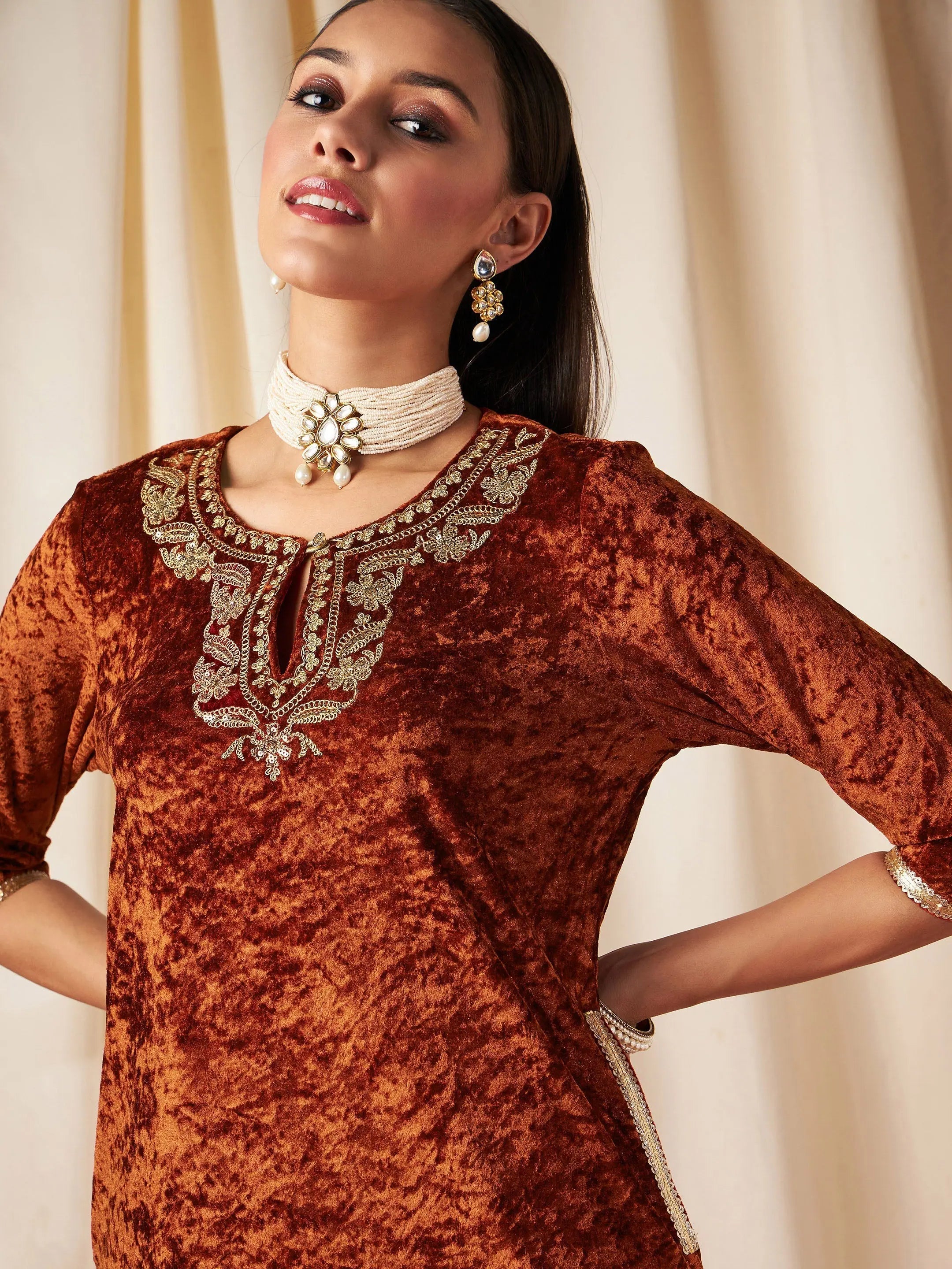 Rust Embroidered Straight Kurta - Indian Kurta Ladies Online