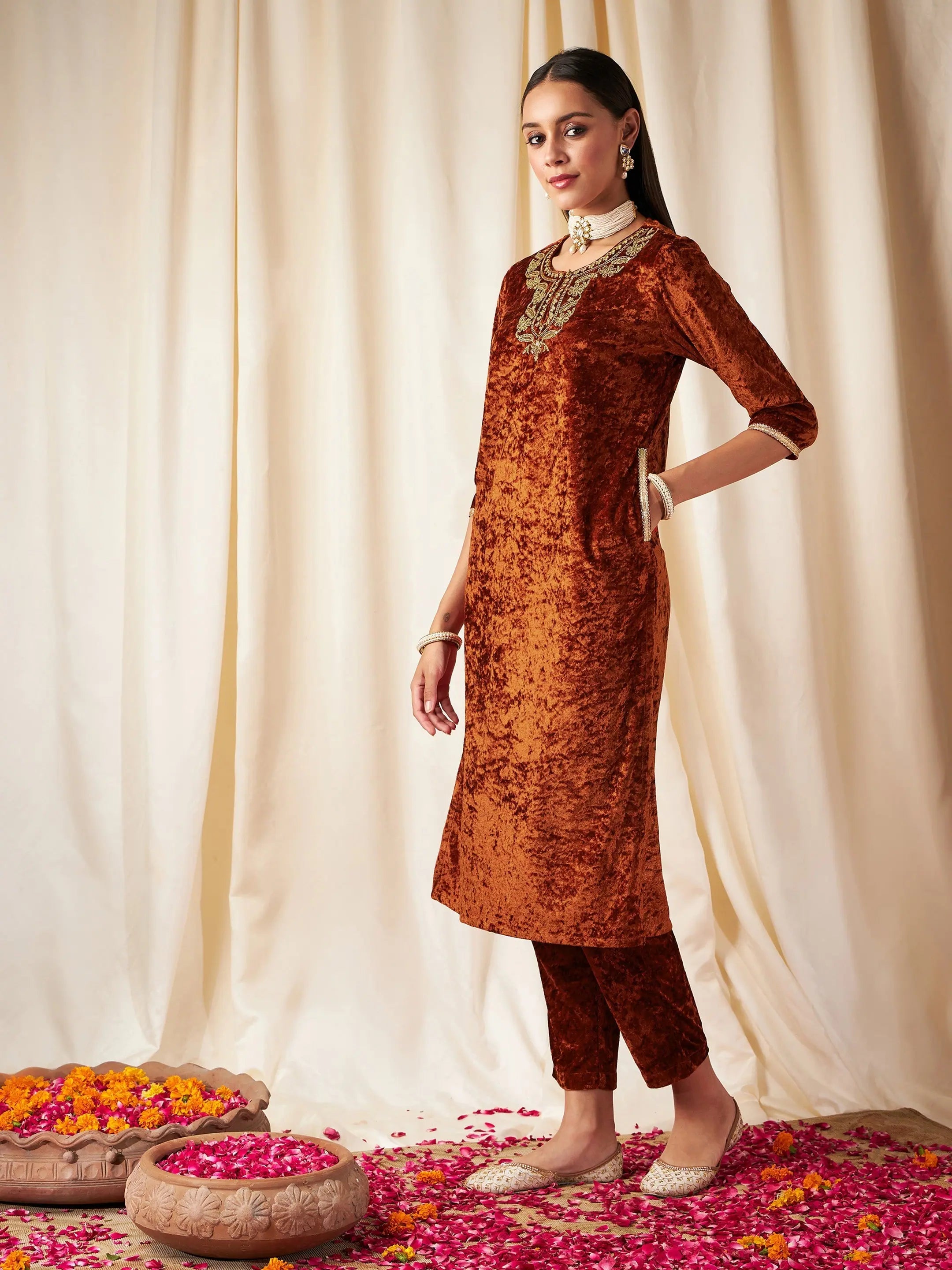 Rust Embroidered Straight Kurta - Indian Kurta Ladies Online