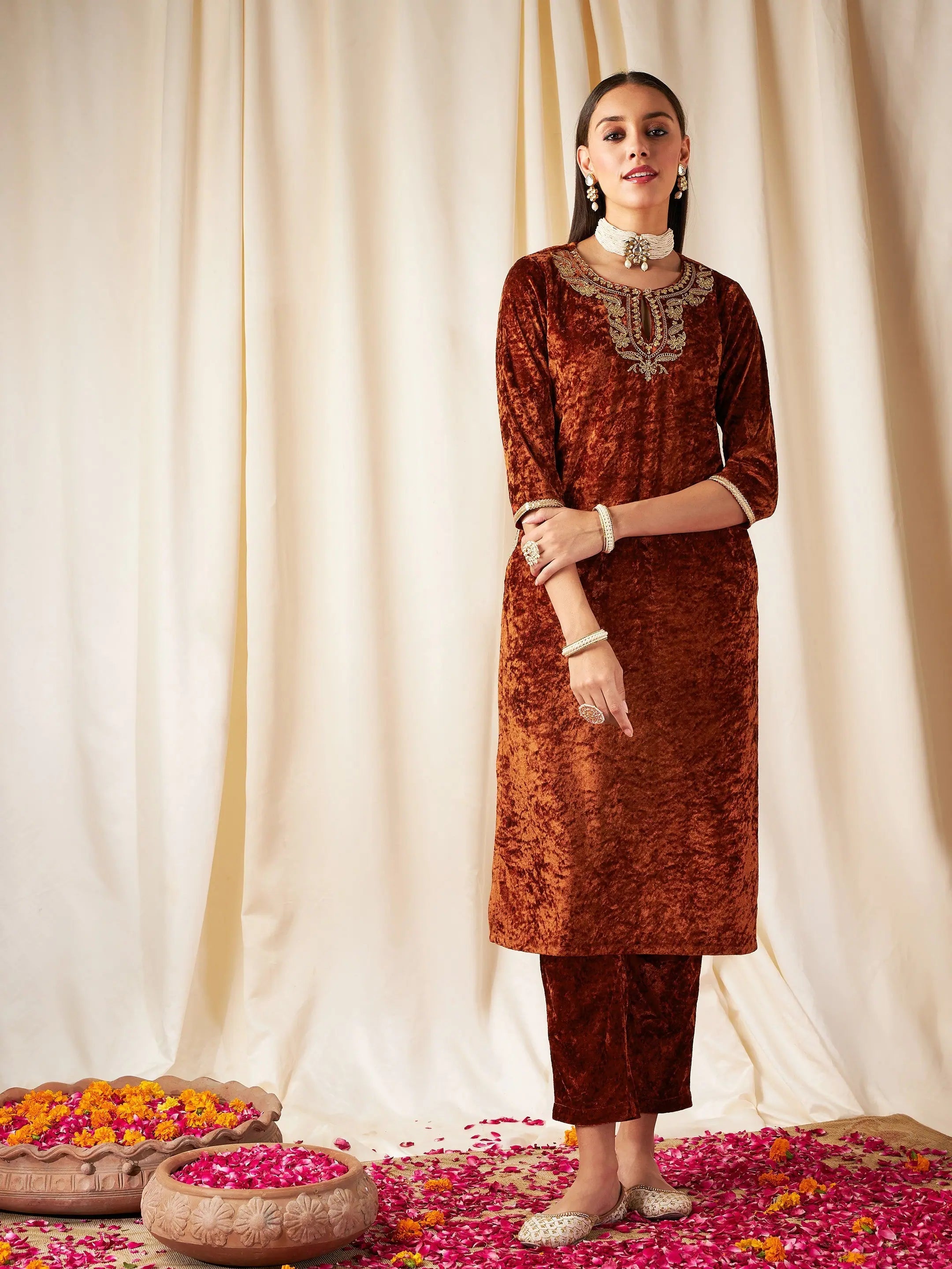 Rust Embroidered Straight Kurta - Indian Kurta Ladies Online
