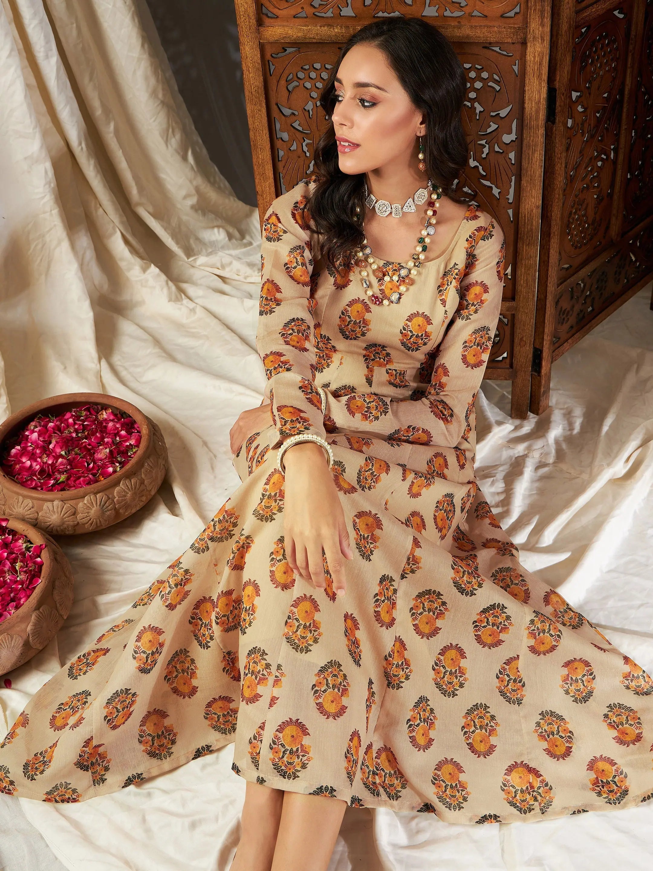 Beige Floral Anarkali Maxi Dress - Women's Designer Lehenga Look