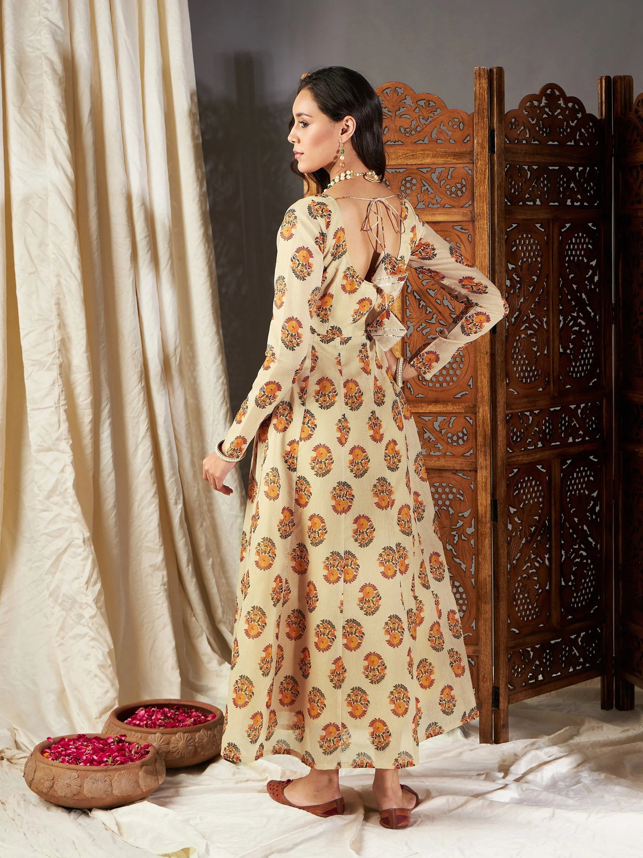 Beige Floral Anarkali Maxi Dress - Women's Designer Lehenga Look