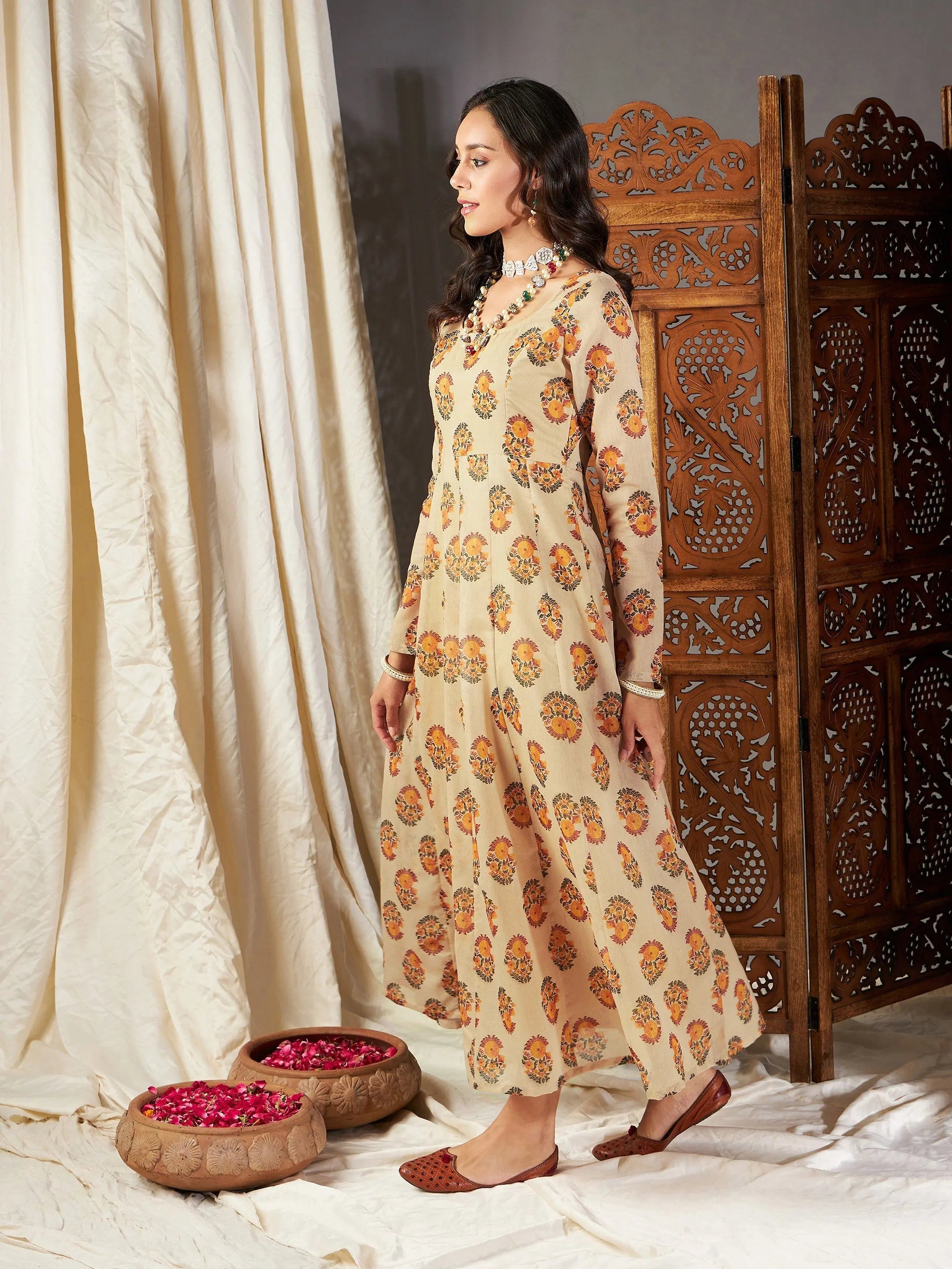 Beige Floral Anarkali Maxi Dress - Women's Designer Lehenga Look